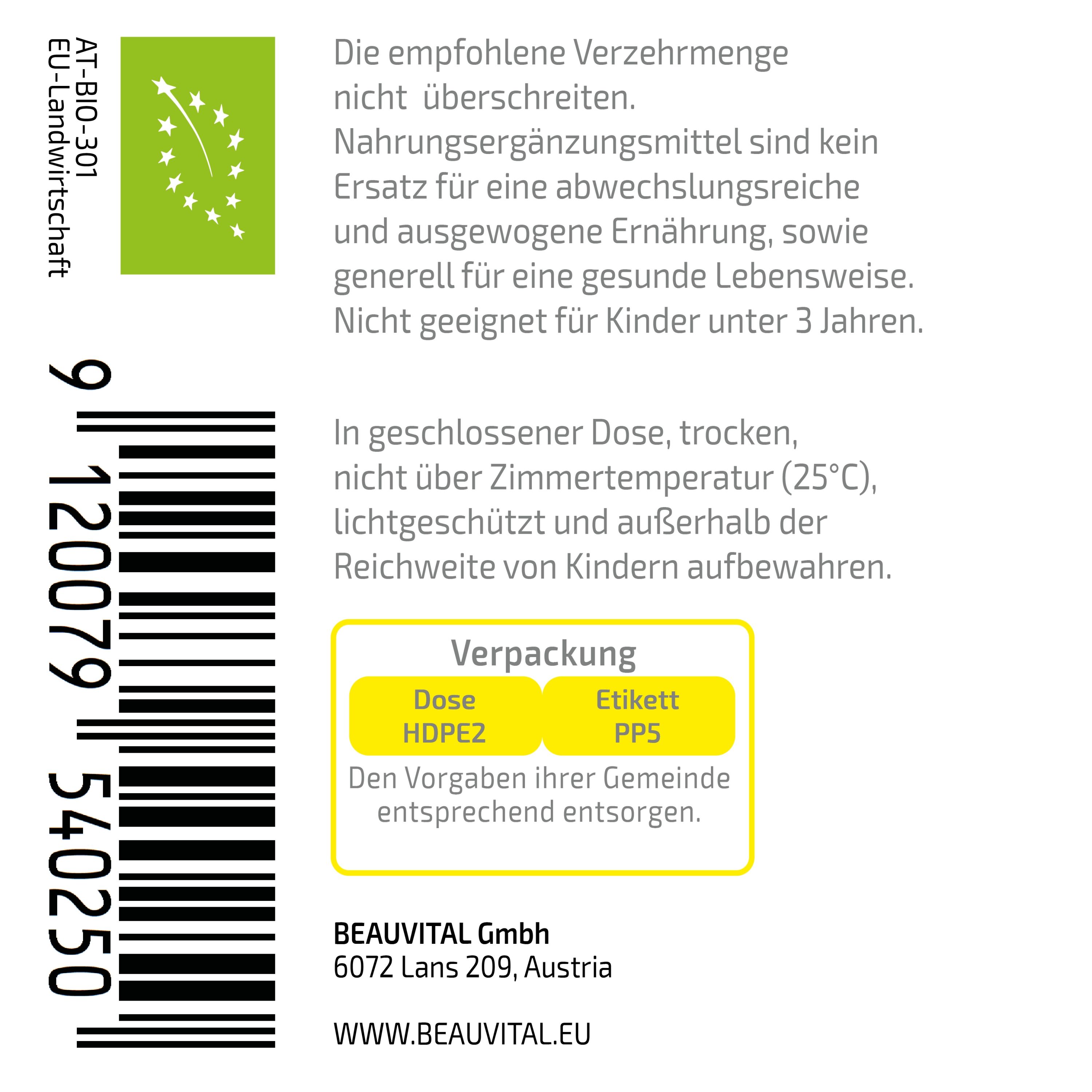 Rückseite der BEAUVITAL Active Lifestyle Kapseln Verpackung mit EU Bio-Siegel und Barcode.