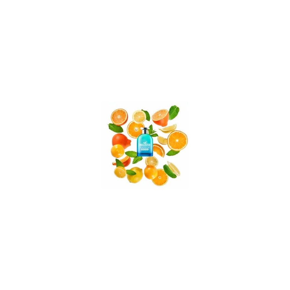 Blau-grüner Flakon mit Schriftzug. Umgeben von Zitrusfrüchten und Blättern.