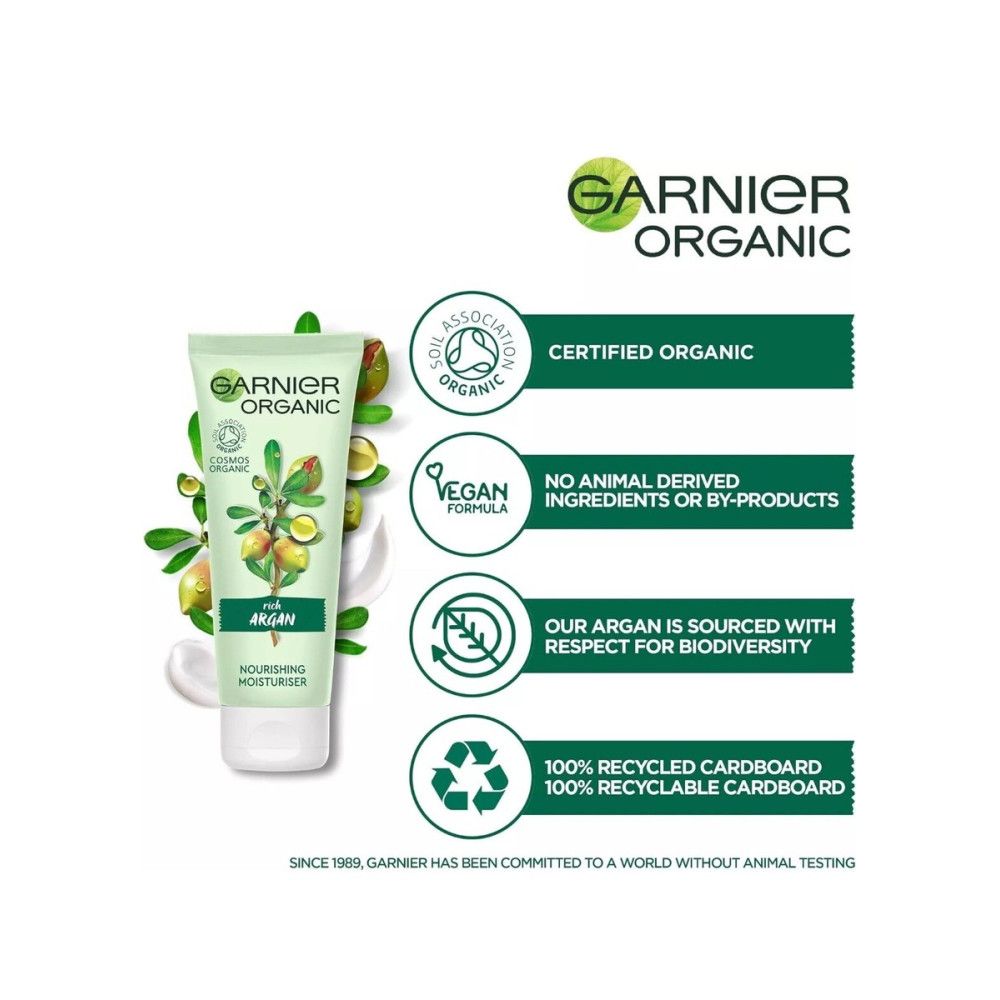 Creme-Tube mit Garnier Organic Logo, Argan-Motiv und Zertifizierungen. Vegan, Bio-Qualität, recycelbare Verpackung.