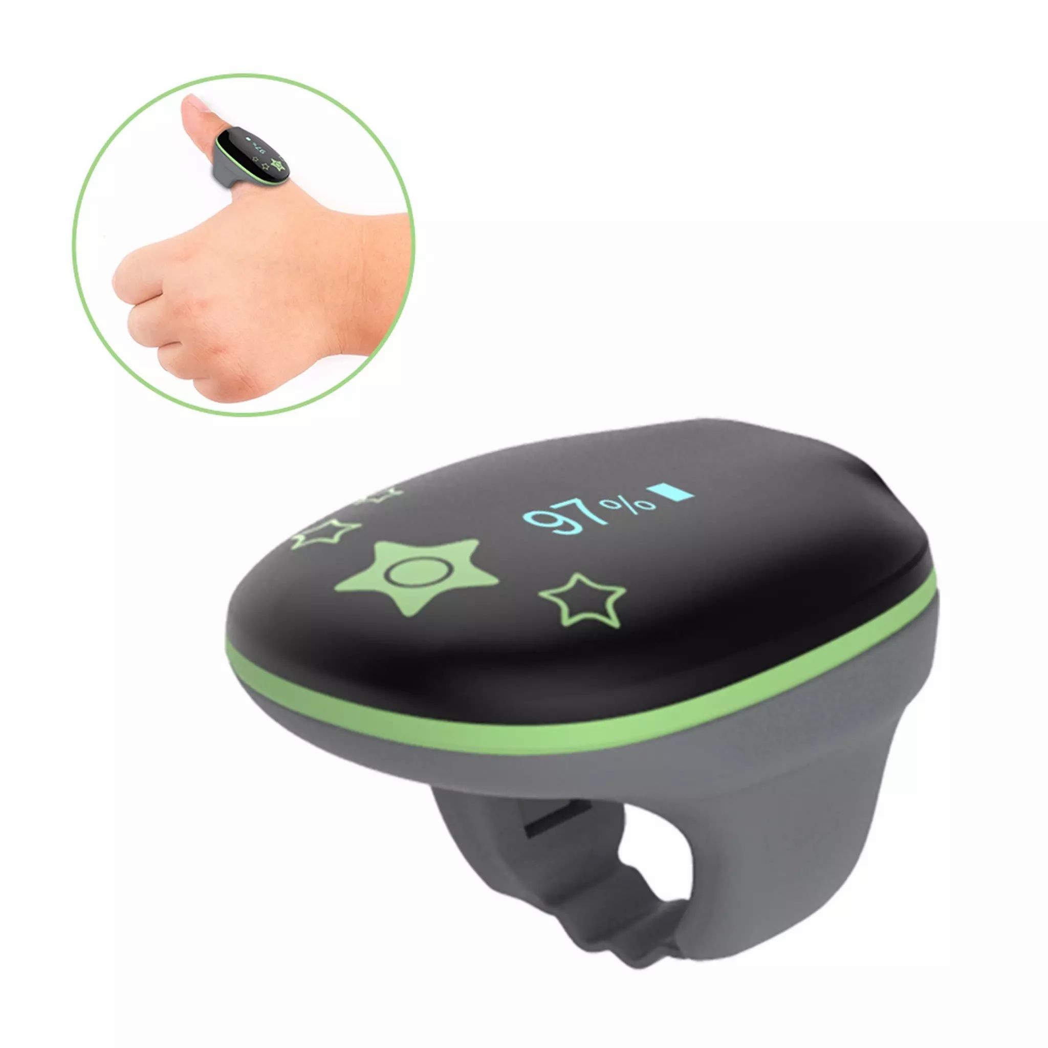 Ringförmiger Pulsoximeter mit Display, zeigt 97% an. Dekoriert mit Sternen.