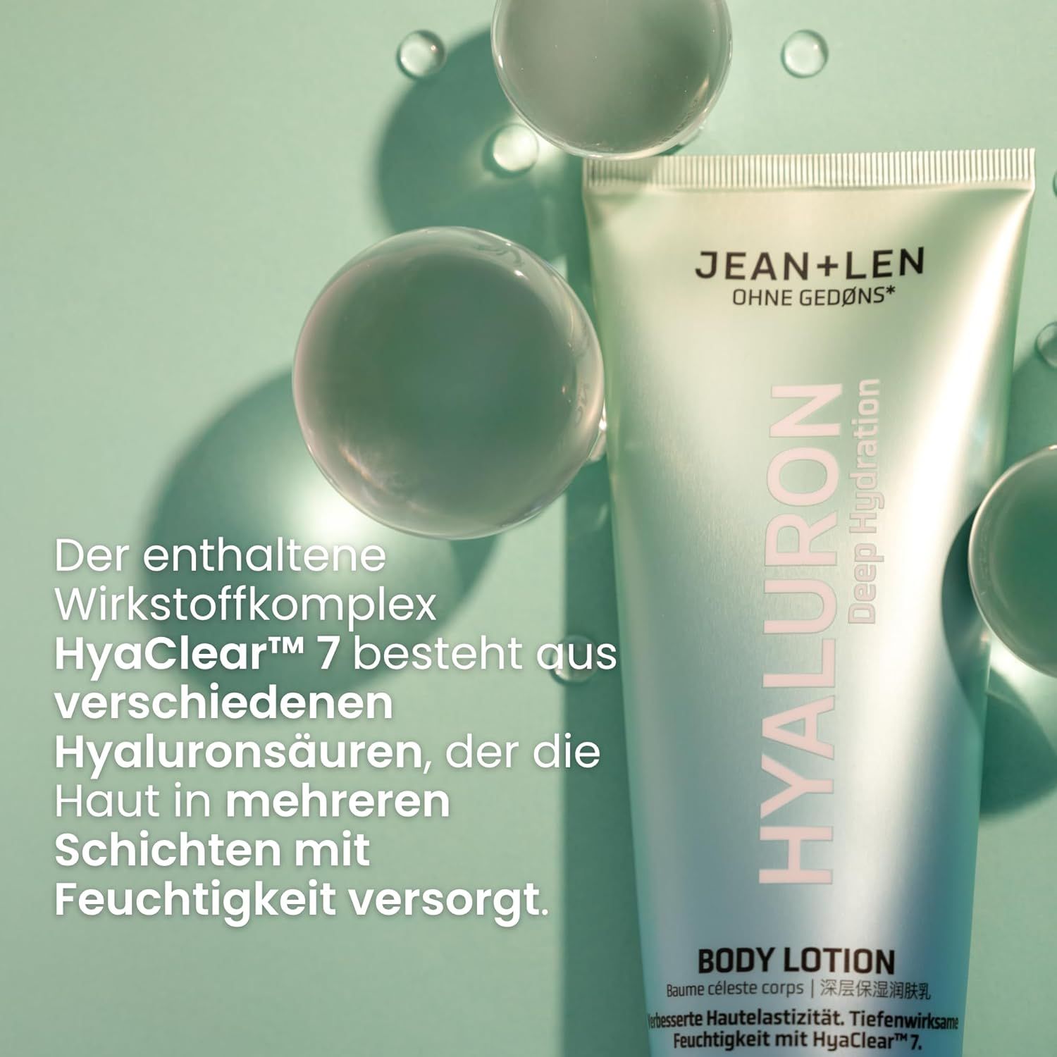 Jean & Len Body Lotion Hyaluron Tube. Türkis-farbene Tube mit weißer Schrift. Text über Wirkstoffkomplex HyaClear™ 7 und Feuchtigkeit.
