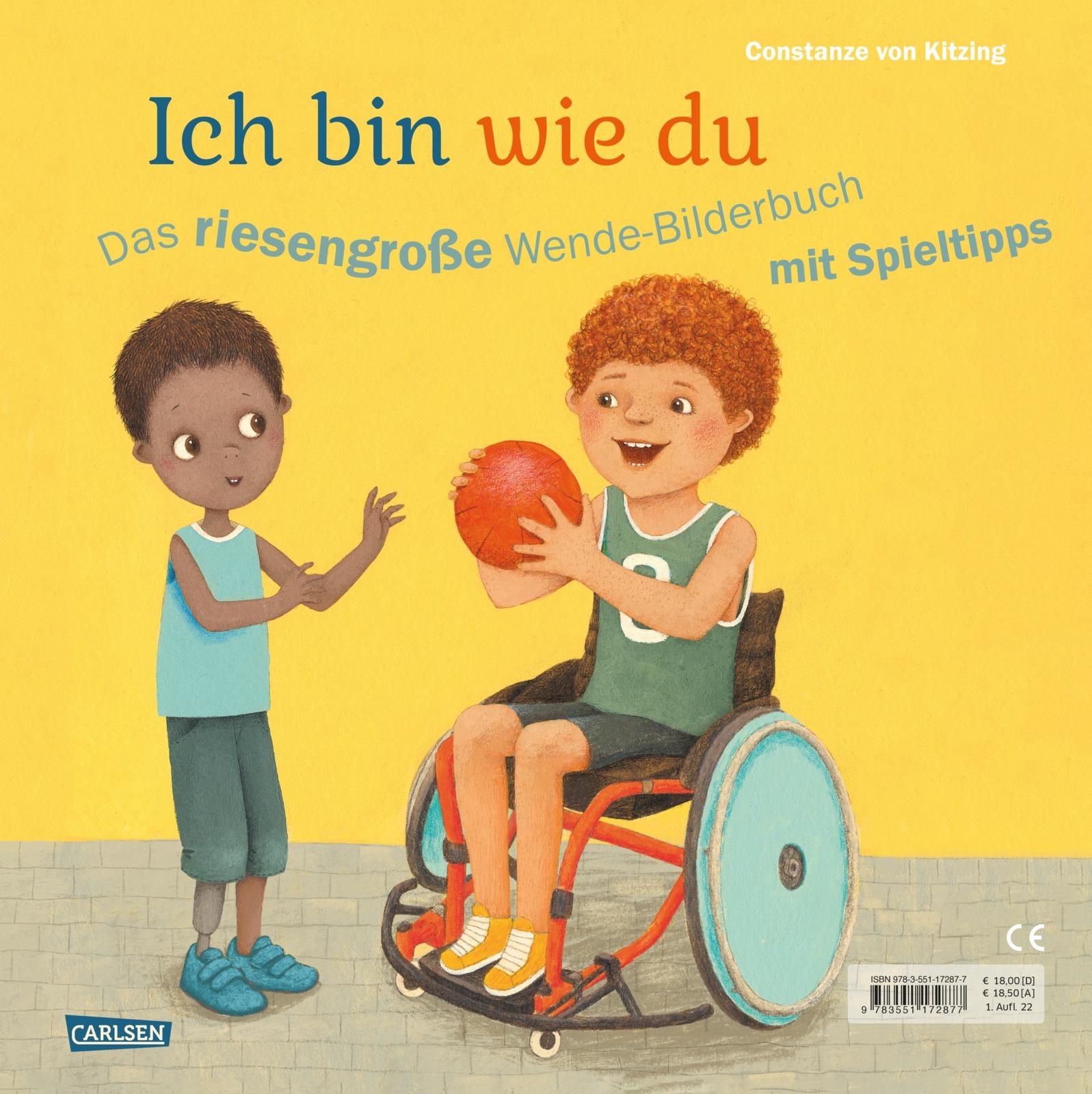 Buchcover: Titel "Ich bin wie du". Ein Kind im Rollstuhl hält einen Ball, ein anderes Kind steht daneben.