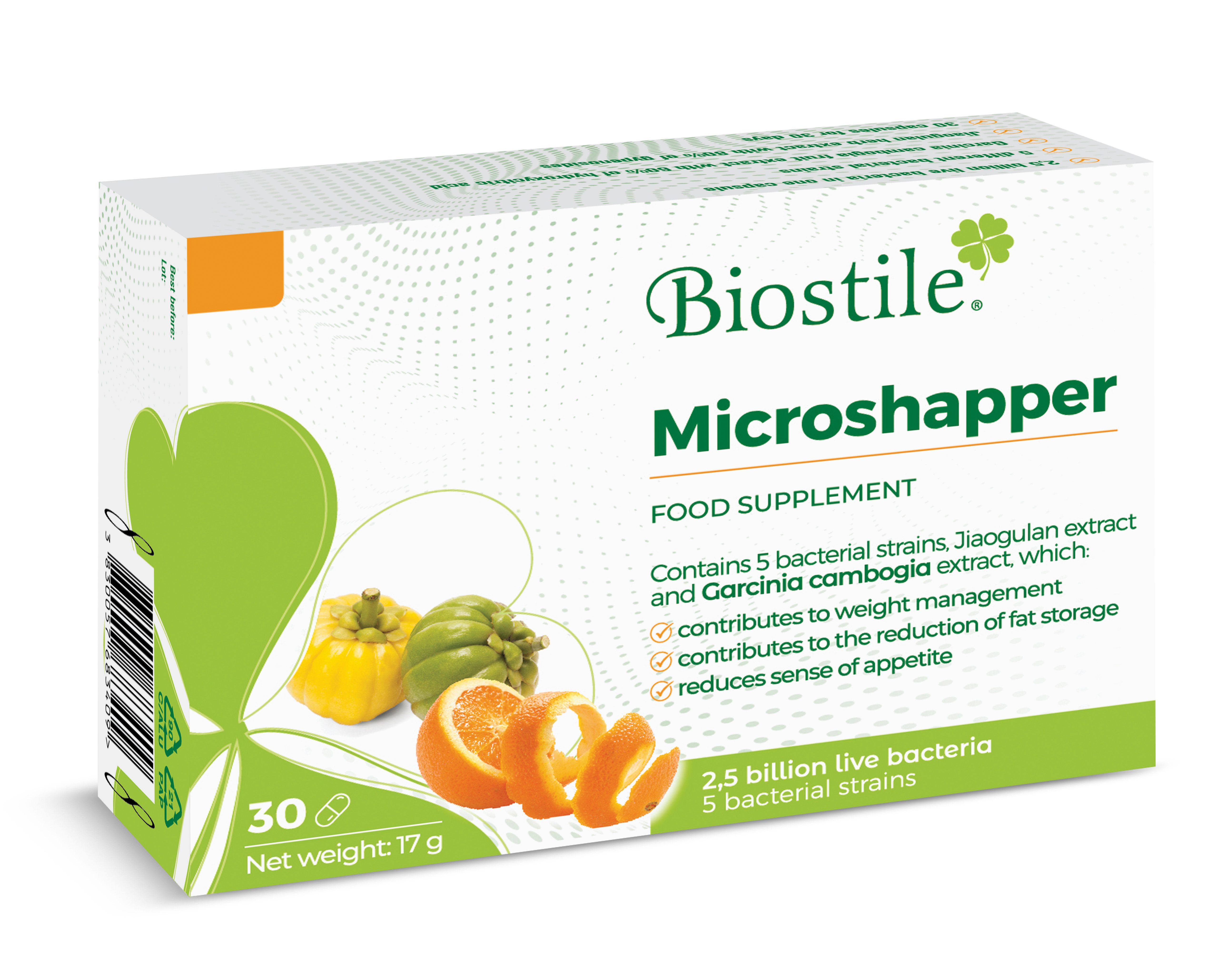 Weiße Schachtel mit Biostile Microshapper. Enthält 30 Kapseln. Abgebildet sind Früchte und eine grüne Blume.