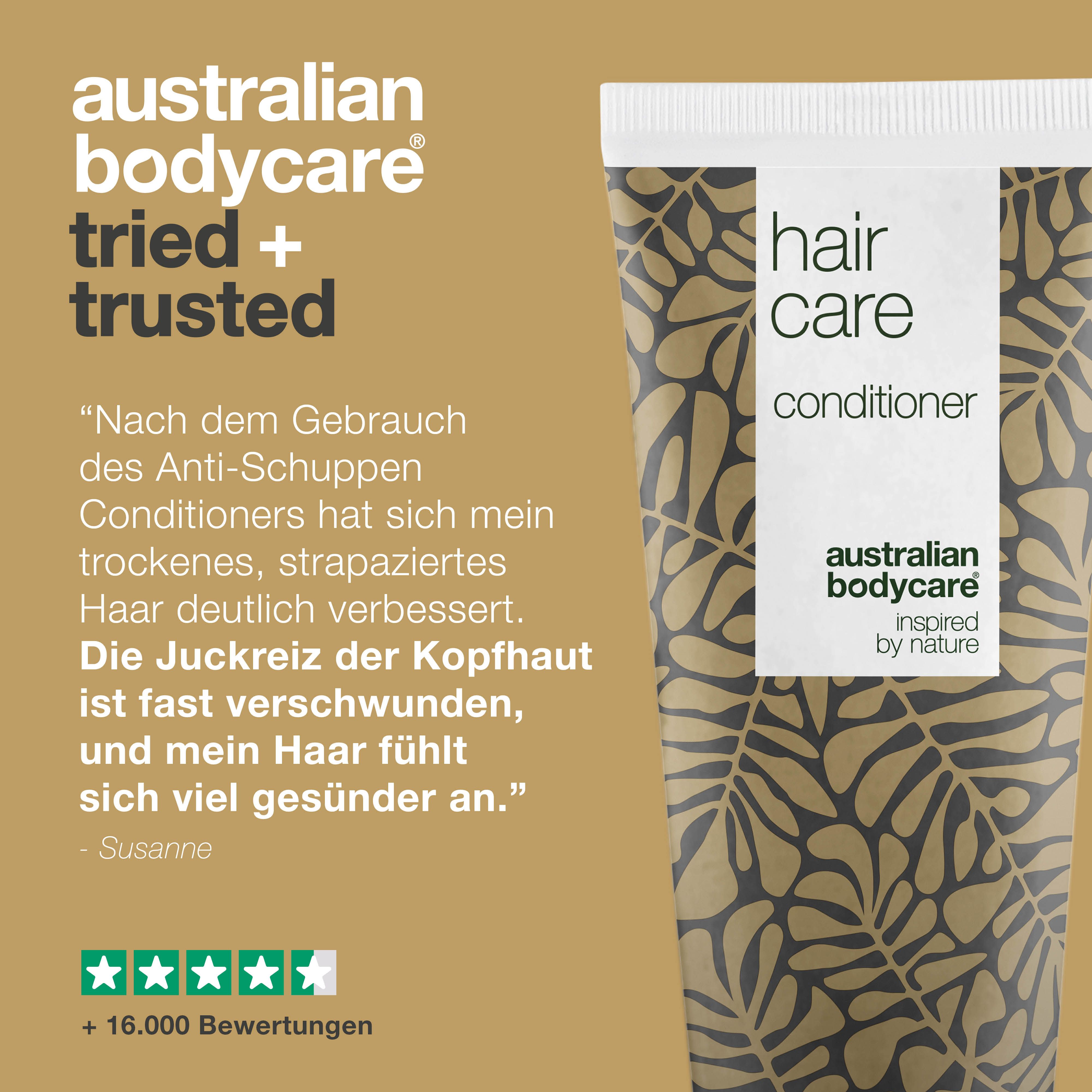 Tube mit Aufschrift: hair care conditioner. Text: Australian Bodycare tried + trusted. Zitat.