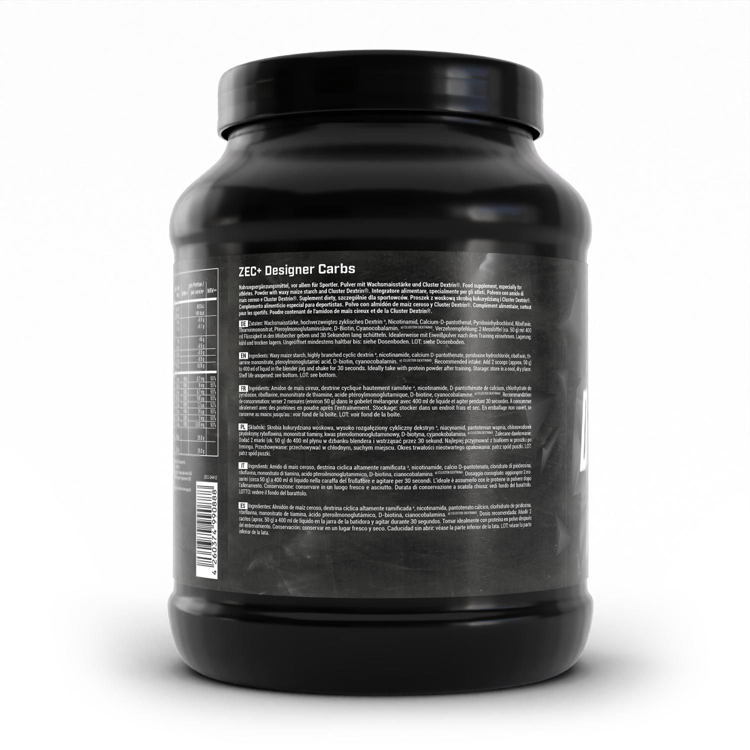 Schwarzer Behälter, Rückseite. Text mit Produktinformationen. Deutlich sichtbare Produktbezeichnung: ZEC+ Designer Carbs.
