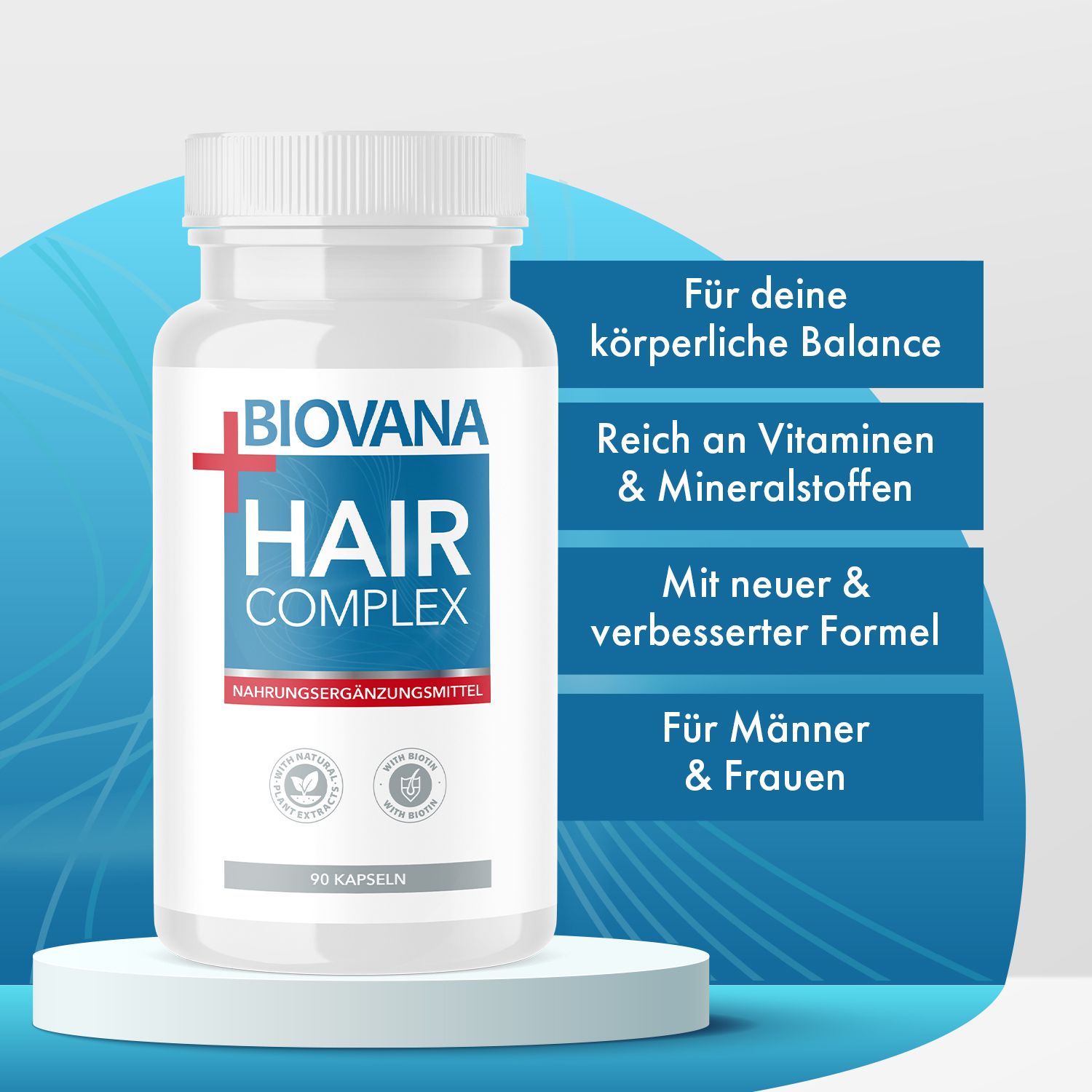 Weiße Flasche mit Kapseln. Aufschrift: BIOVANA HAIR COMPLEX. Text: Für deine körperliche Balance, reich an Vitaminen.