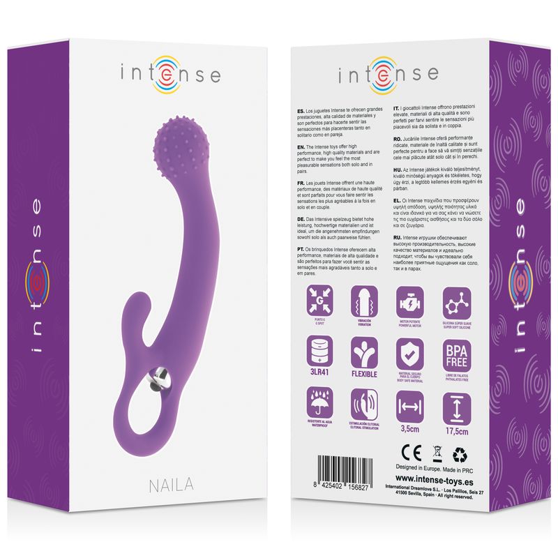Lila Massager 'Naila' auf weißer Verpackung mit Produktinformationen und Symbolen.