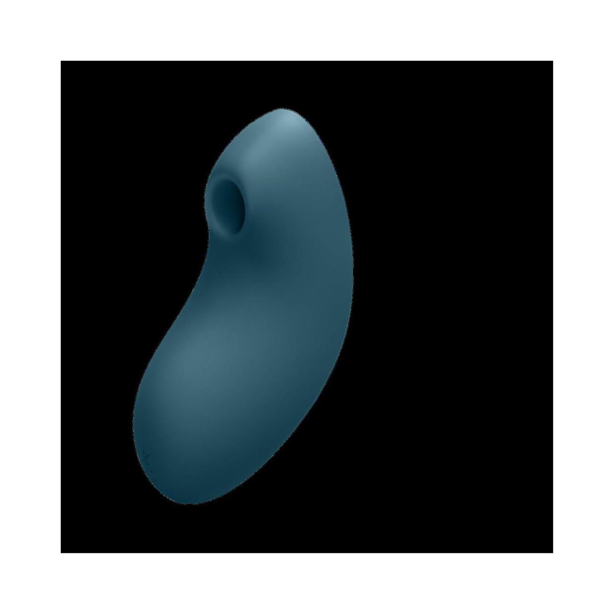 Blaues, tropfenförmiges Produkt mit Öffnung. Glatte Oberfläche.