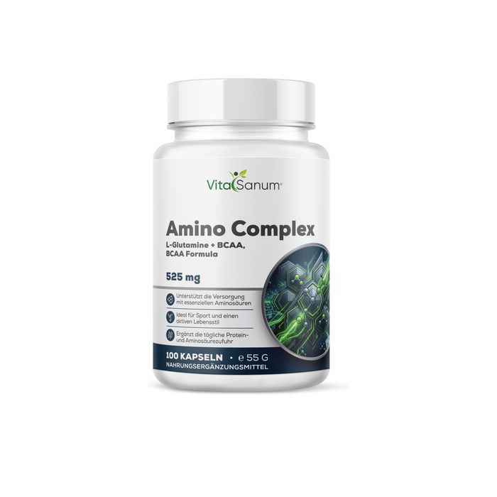 VitaSanum Amino Complex Kapseln: 100 Kapseln in weißem Behälter mit Etikett.