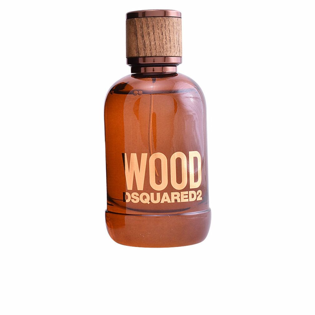 Braune Flasche mit Holzdeckel. Aufschrift WOOD DSQUARED2 in Gold. Rundliche Form.