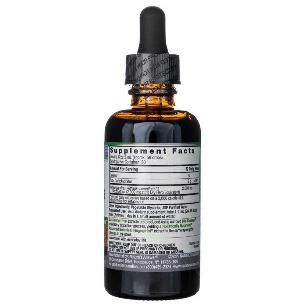 Rückseite der Nature's Answer Ashwagandha Root Flasche mit Nährwertangaben und Inhaltsstoffen.