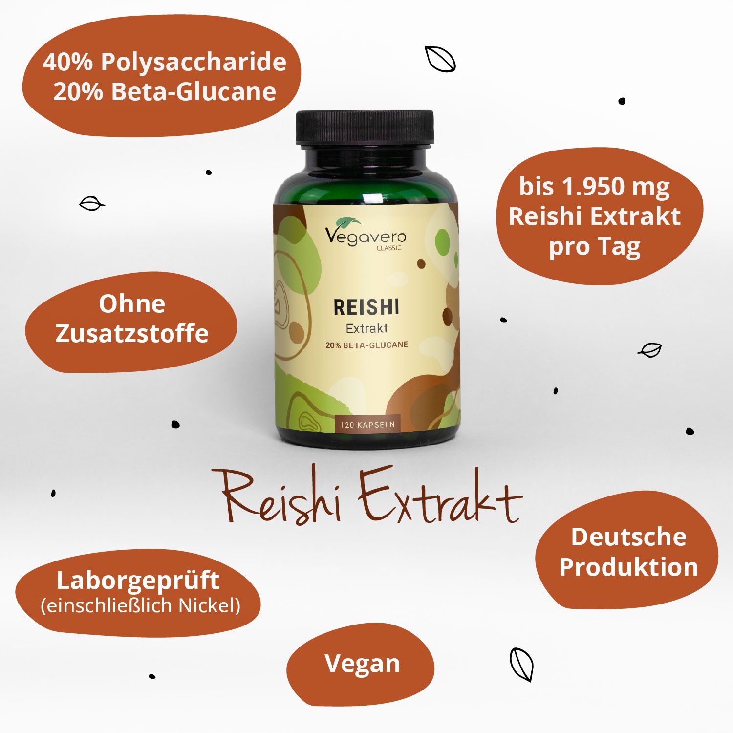 Flasche mit Kapseln, Reishi Extrakt. Aufschrift: 20% Beta-Glucane, 120 Kapseln. Zusätzliche Informationen.