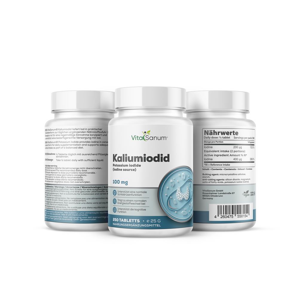 Drei Tabletten-Gläser 'VitaSanum Kaliumiodid'. Aufschrift: 250 Tabletten. Rückseite mit Nährwertangaben und Inhaltsstoffen.