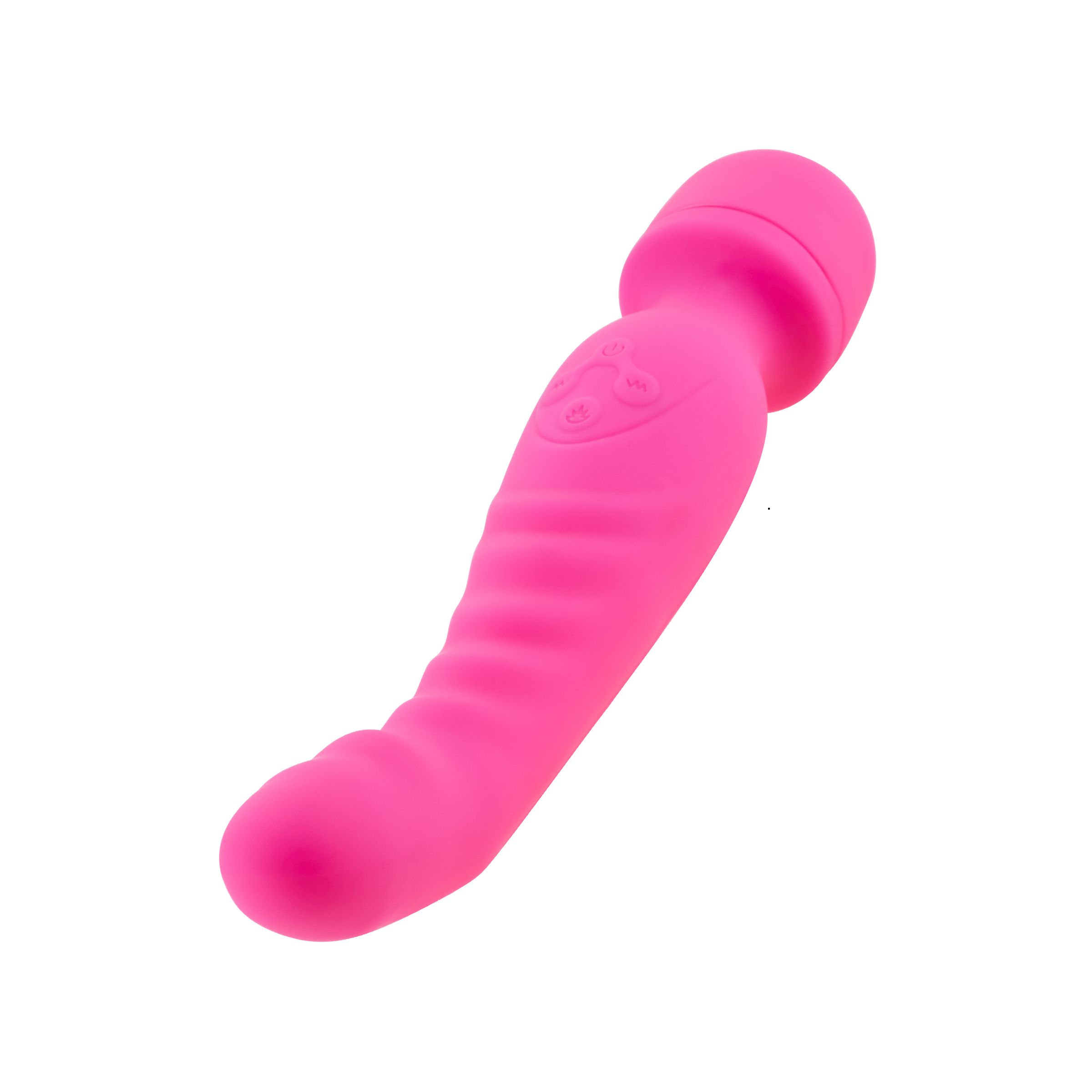 Pinkfarbener Massage-Stick mit abgerundetem Kopf und geriffelter Oberfläche. Auf der Oberfläche sind Symbole eingraviert.