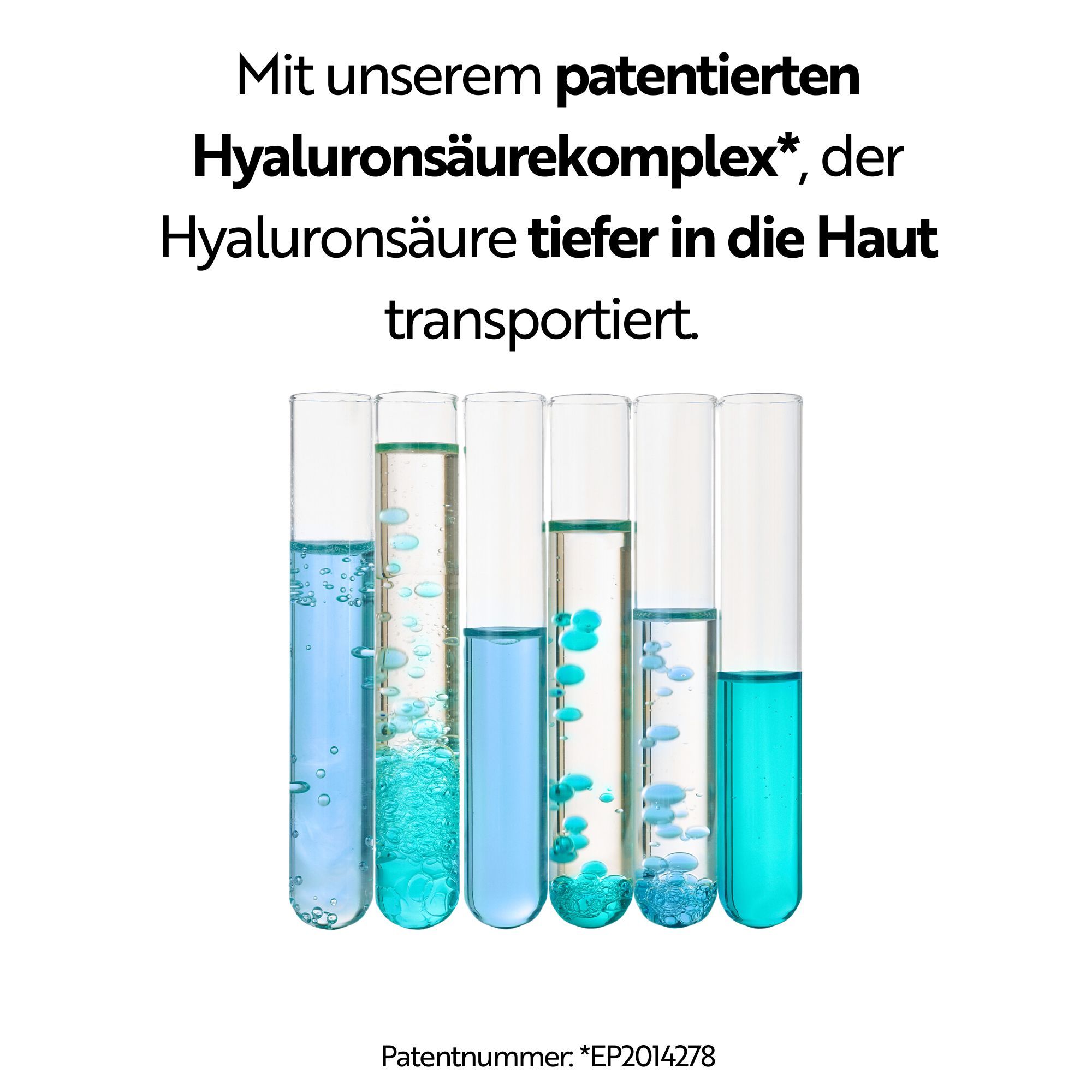 Sieben Reagenzgläser mit Flüssigkeiten in verschiedenen Blautönen. Text: Hyaluronsäurekomplex.