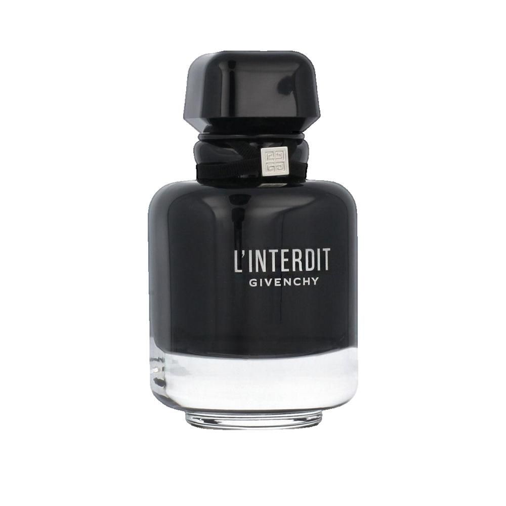 Schwarzer Flakon mit silbernem Verschluss. Aufschrift: L'Interdit, Givenchy. Transparenter Boden.
