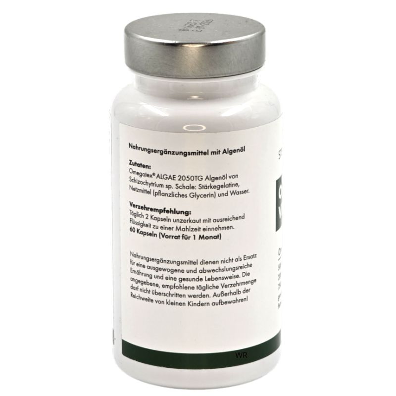 Rückseite einer weißen Flasche mit silbernem Deckel. Enthält Informationen zu Zutaten und Verzehrempfehlung.
