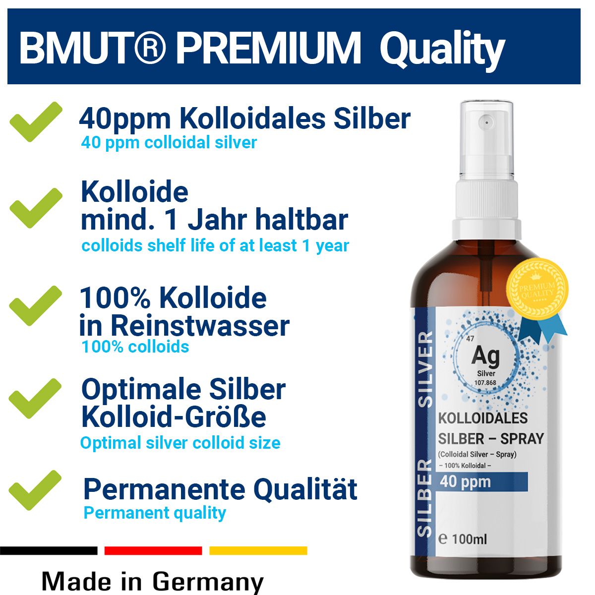 Braunglasflasche mit Sprühkopf. Etikett mit Produktinformationen: 40 ppm Kolloidales Silber Spray. BMUT® PREMIUM Quality. Made in Germany.
