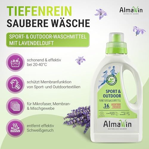 AlmaWin Sport & Outdoor Waschmittel mit Lavendelduft, Flasche mit Anwendungshinweisen.