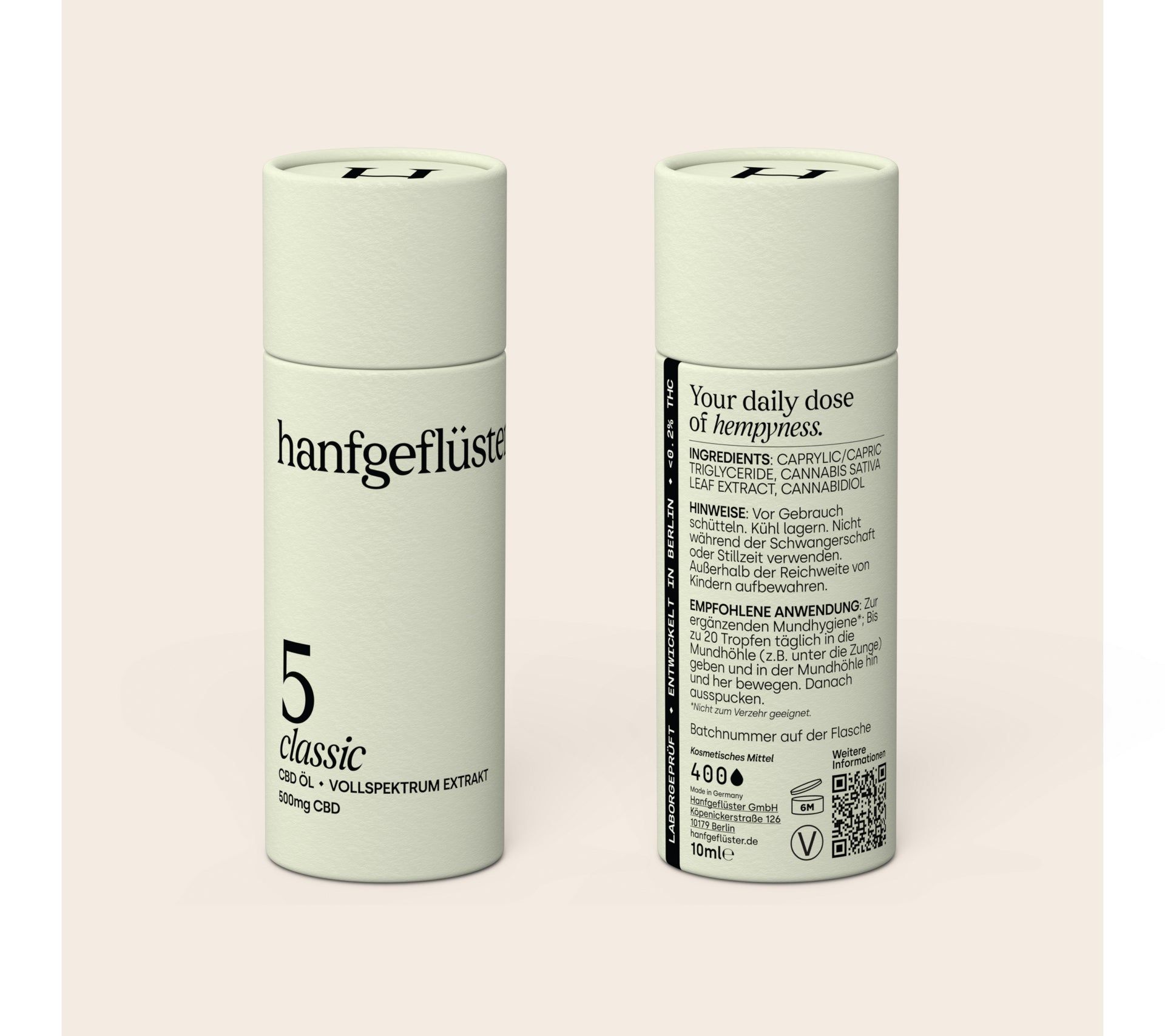 Zwei Ansichten einer zylindrischen Verpackung. Aufschrift "hanfgeflüster", "5 classic" und "CBD-ÖL". Rückseite mit Text und QR-Code.