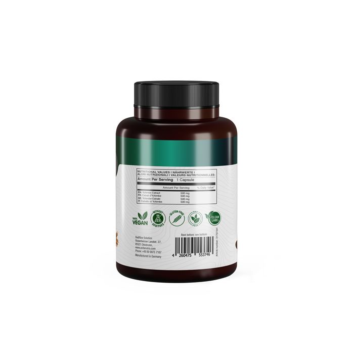 Rückseite eines AvitaNutra Yohimbe Extract Behälters mit Nährwertangaben und Siegeln wie Vegan.