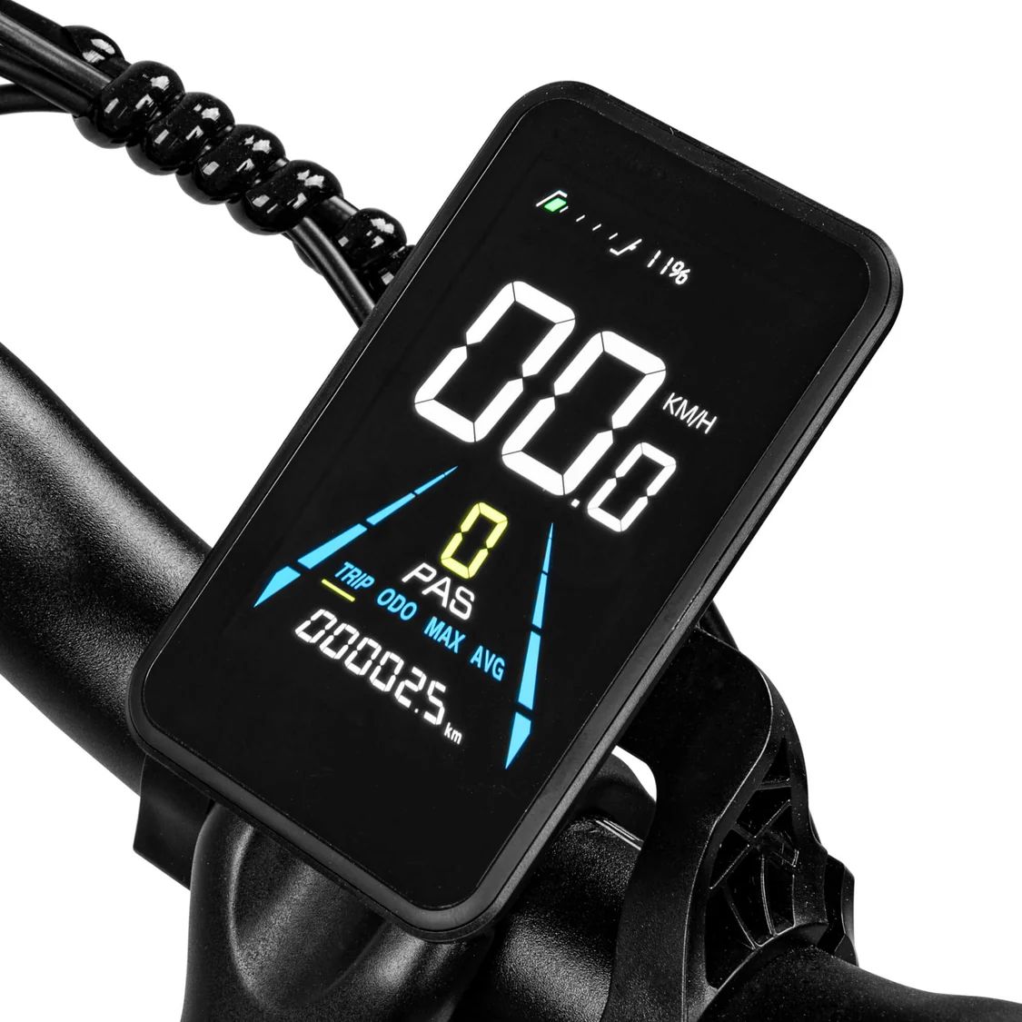 Digitales Display des Elektrofahrrads. Zeigt Geschwindigkeit, Kilometer, Batterieanzeige und weitere Informationen.