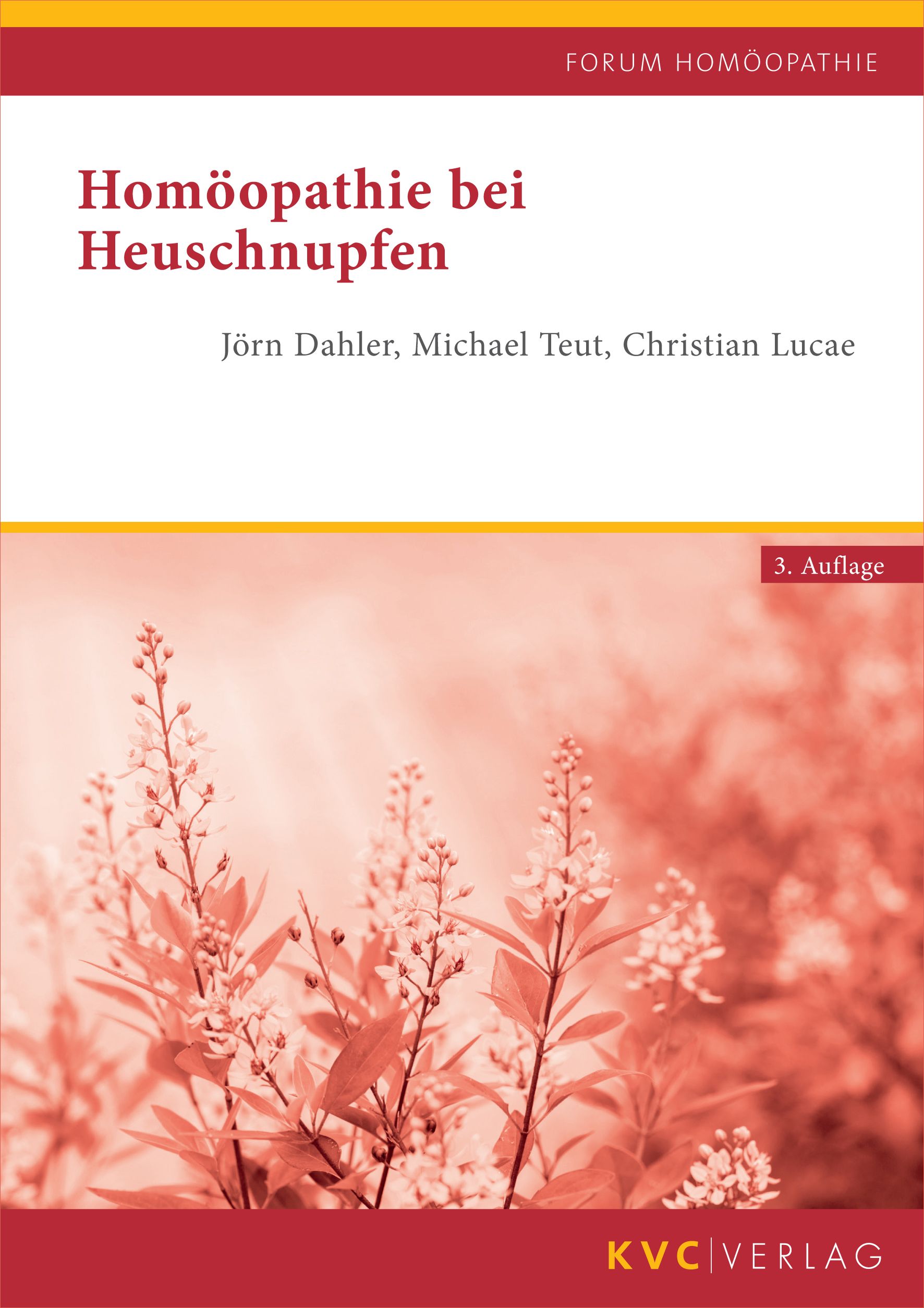 Buchcover: "Homöopathie bei Heuschnupfen". Titel, Autoren, Verlag. Roter Hintergrund, Blütenzweige.