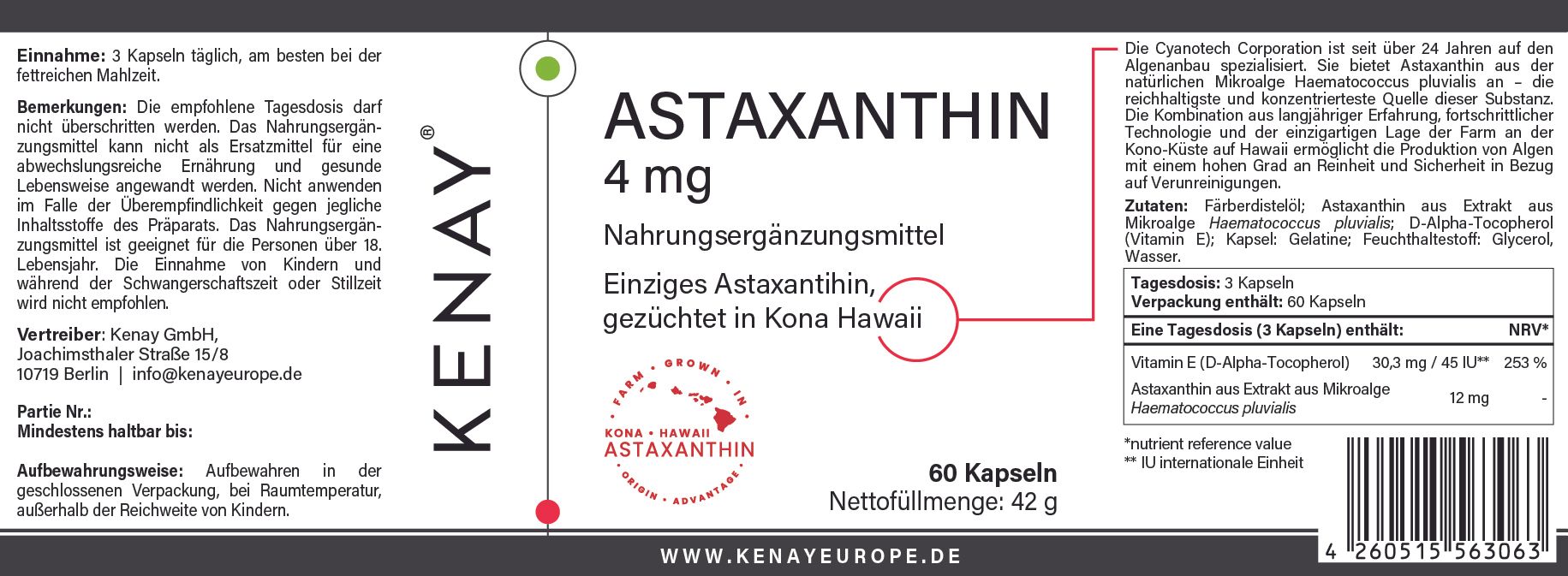 Astaxanthin 4 mg Nahrungsergänzungsmittel, KENAY®-Verpackung mit 60 Kapseln. Text und Logo auf weißem Hintergrund.