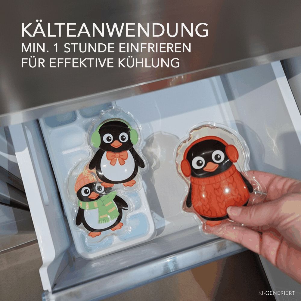 Pinguin-Kalt-Warm-Kompressen im Gefrierschrank. Text: Kälteanwendung, min. 1 Stunde einfrieren.