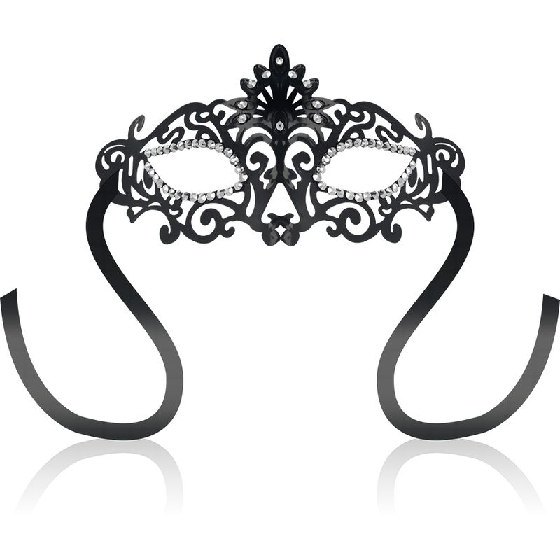 Schwarze Maske mit Perlenbesatz und filigranem Muster. Zwei schwarze Bänder zur Befestigung.