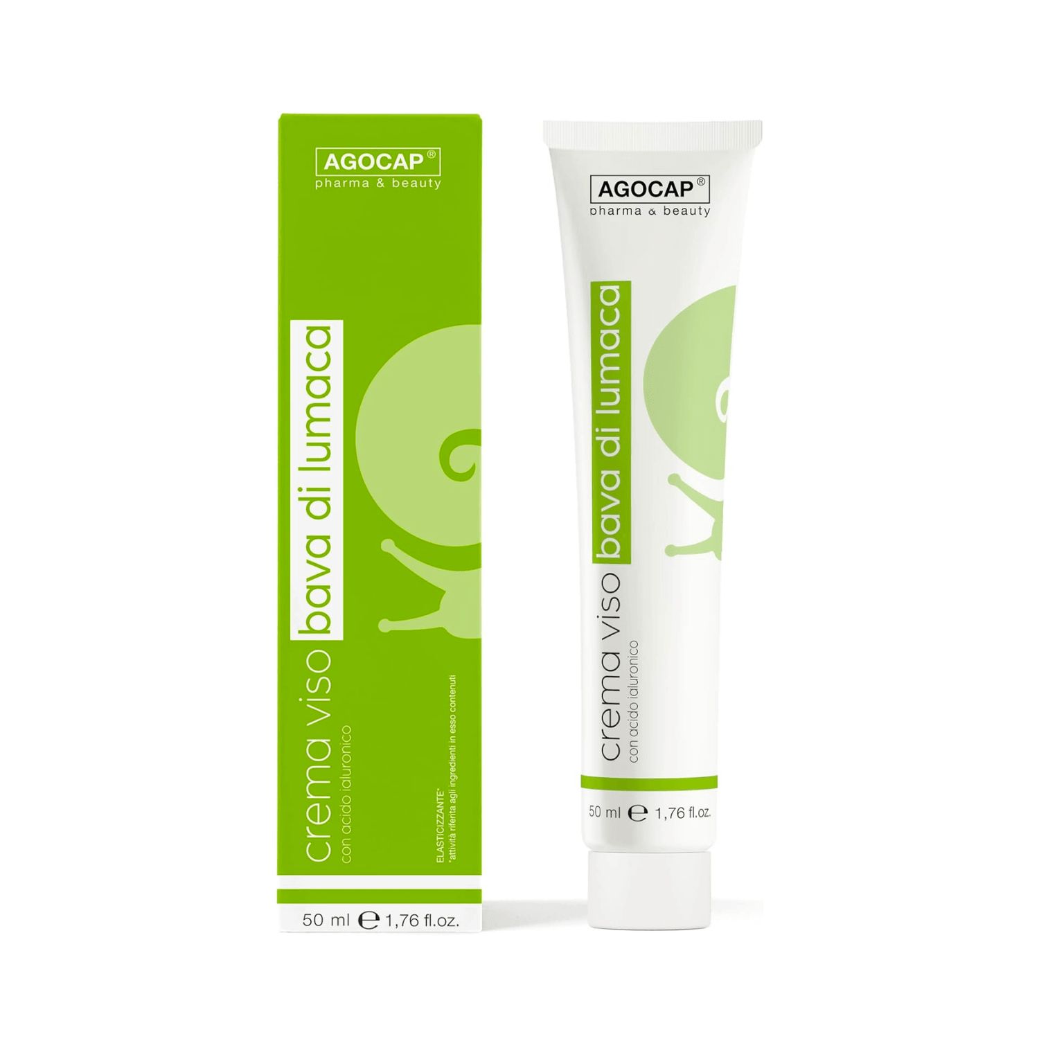 Grüne Verpackung und Tube. Aufschrift: crema viso bava di lumaca. Marke: AGOCAP. Enthält Hyaluronsäure.