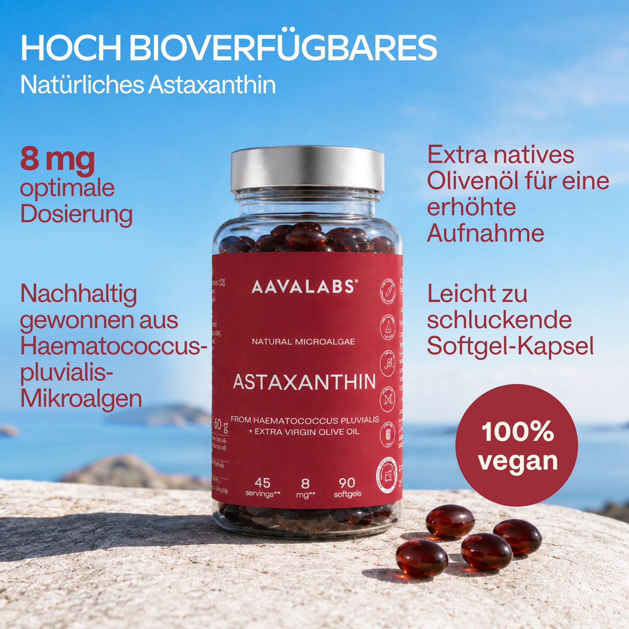 Aavalabs Astaxanthin 8 mg, 90 Softgels, mit Olivenöl, 100% vegan.