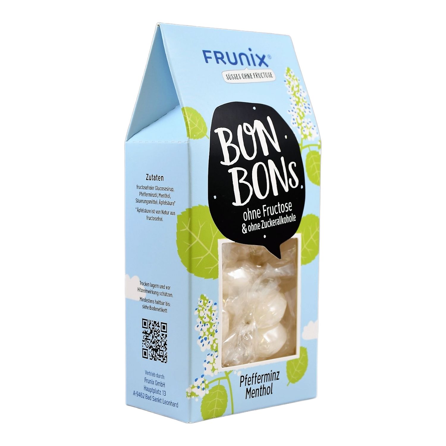 Hellblaue Schachtel mit Frunix Bonbons. Aufschrift: BON BONS, ohne Fructose & ohne Zuckeralkohole. Pfefferminz Menthol. Rückseite mit Zutaten und QR-Code.