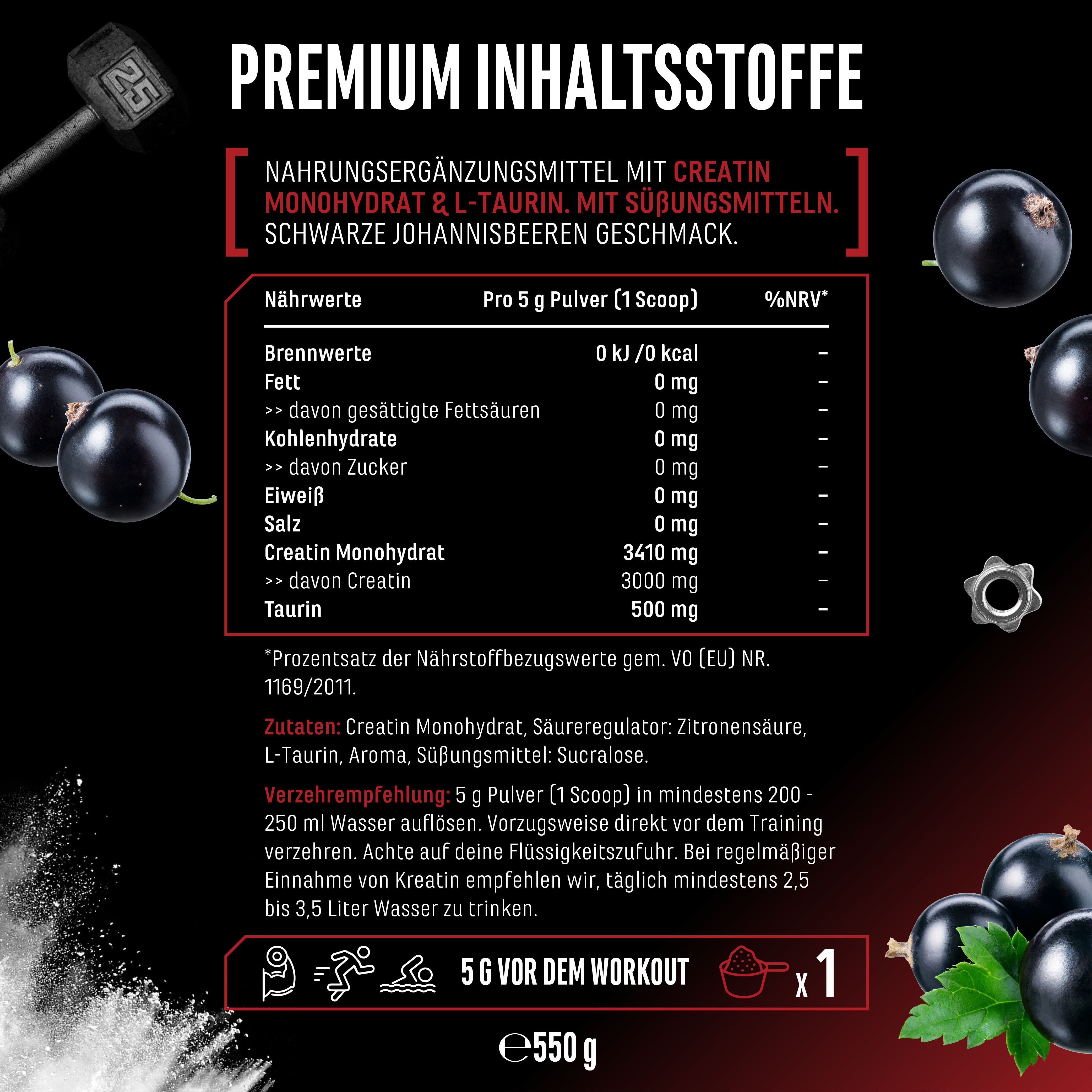 Nahrungsergänzungsmittel mit Creatin Monohydrat & L-Taurin. Schwarze Johannisbeere Geschmack. Nährwerttabelle.