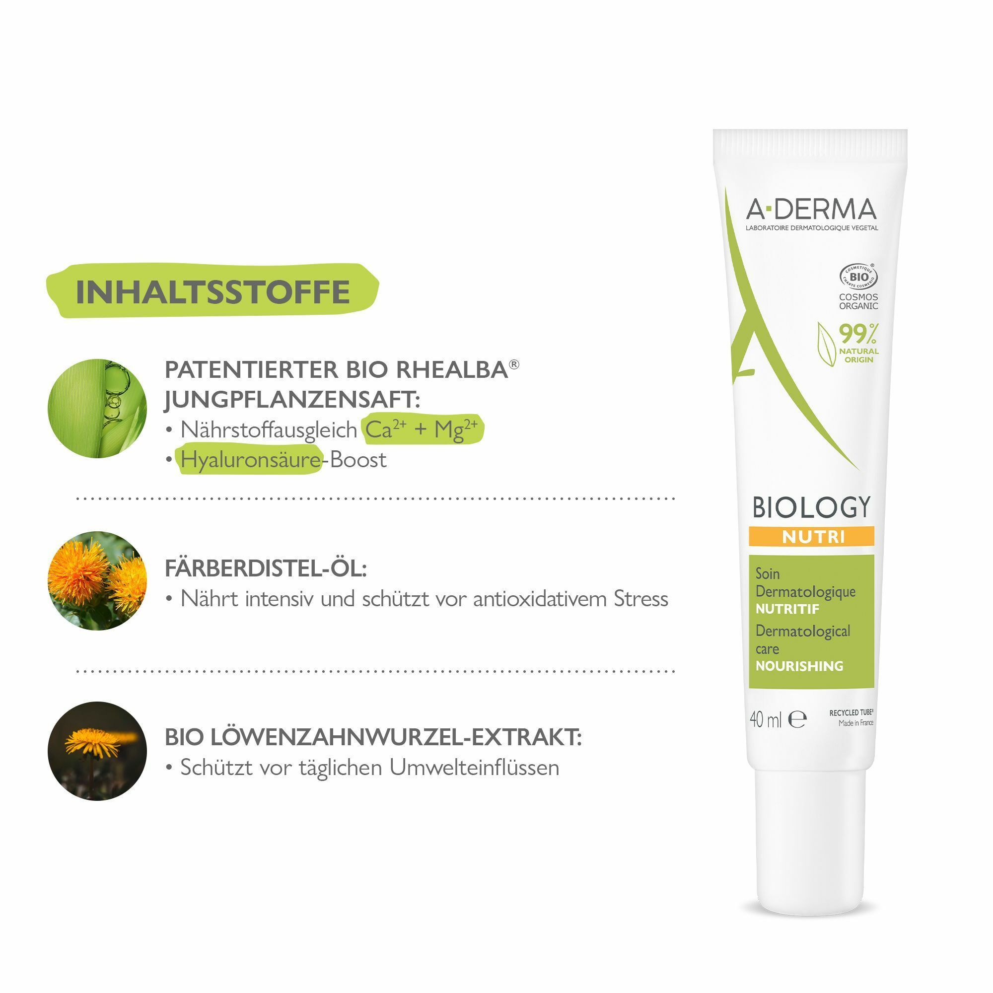 Weißes Produkt in quadratischer Form. Text: Cremige, umhüllende Textur. Ohne Duftstoffe. Getestet an trockener Haut.