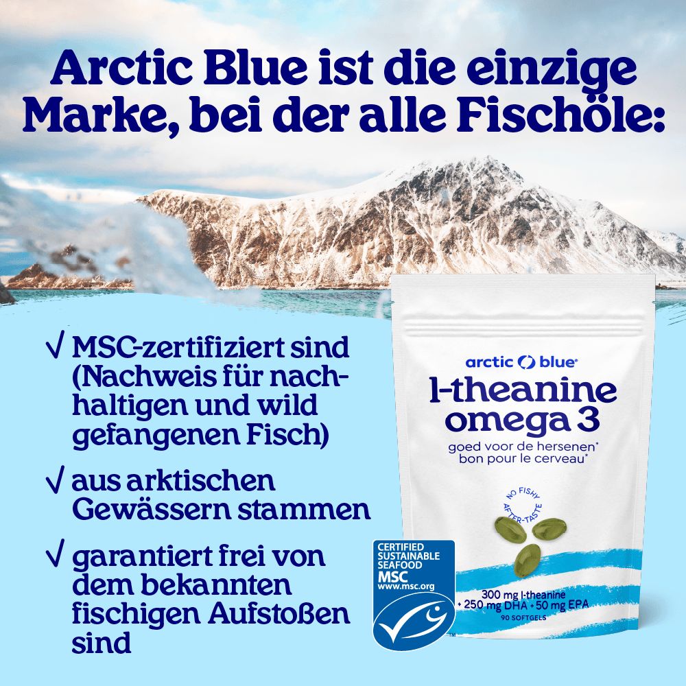 Arctic Blue I-theanine Omega 3 Beutel mit MSC-Zertifizierung und Informationen zu Inhaltsstoffen.