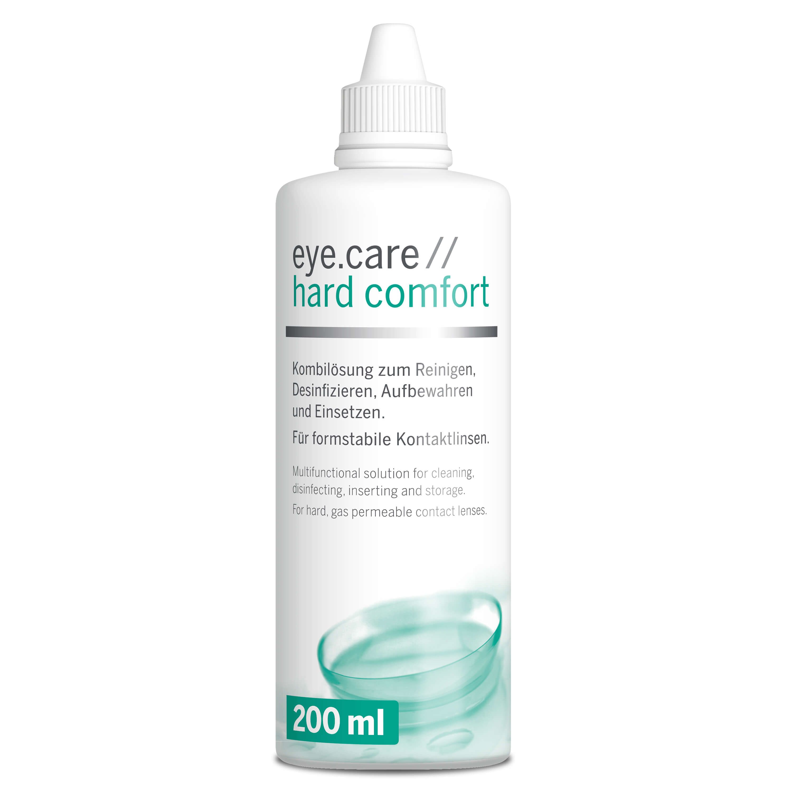 Flasche eye.care // hard comfort. Text: Kombilösung zum Reinigen, Desinfizieren, Aufbewahren. 200 ml.