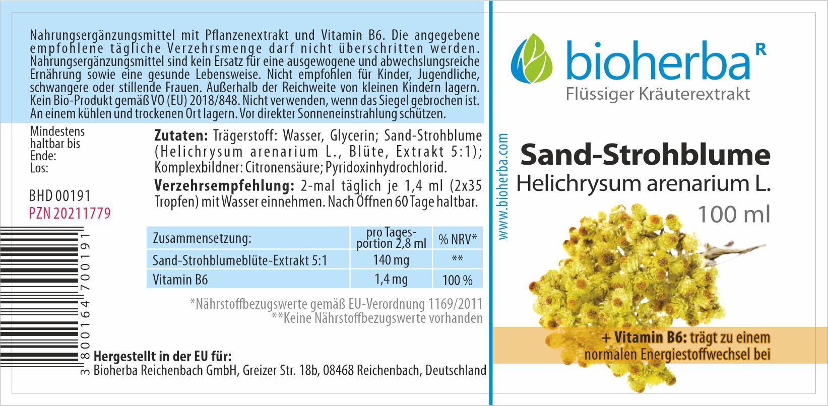 Etikett mit Produktinformationen. Sand-Strohblume Tinktur Extrakt, 100 ml. Enthält Vitamin B6. Hersteller: Bioherba.