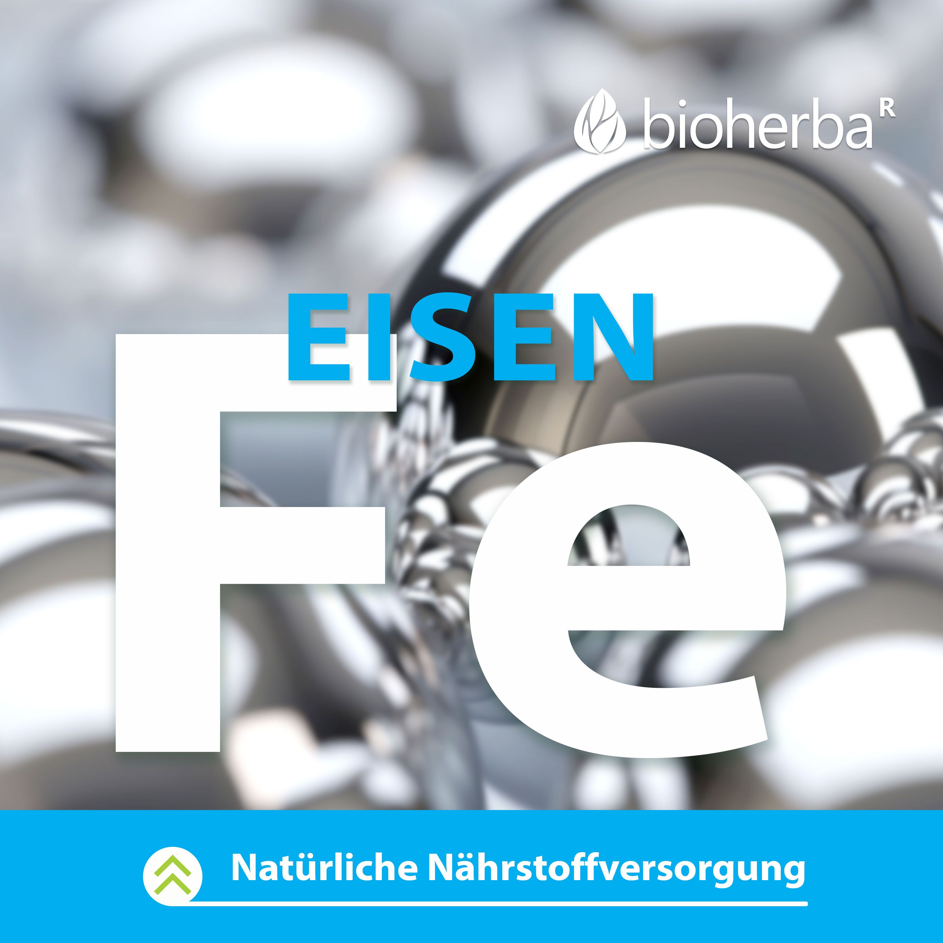 Großer Schriftzug EISEN. Hintergrund mit Metallkugeln. Text: Natürliche Nährstoffversorgung.