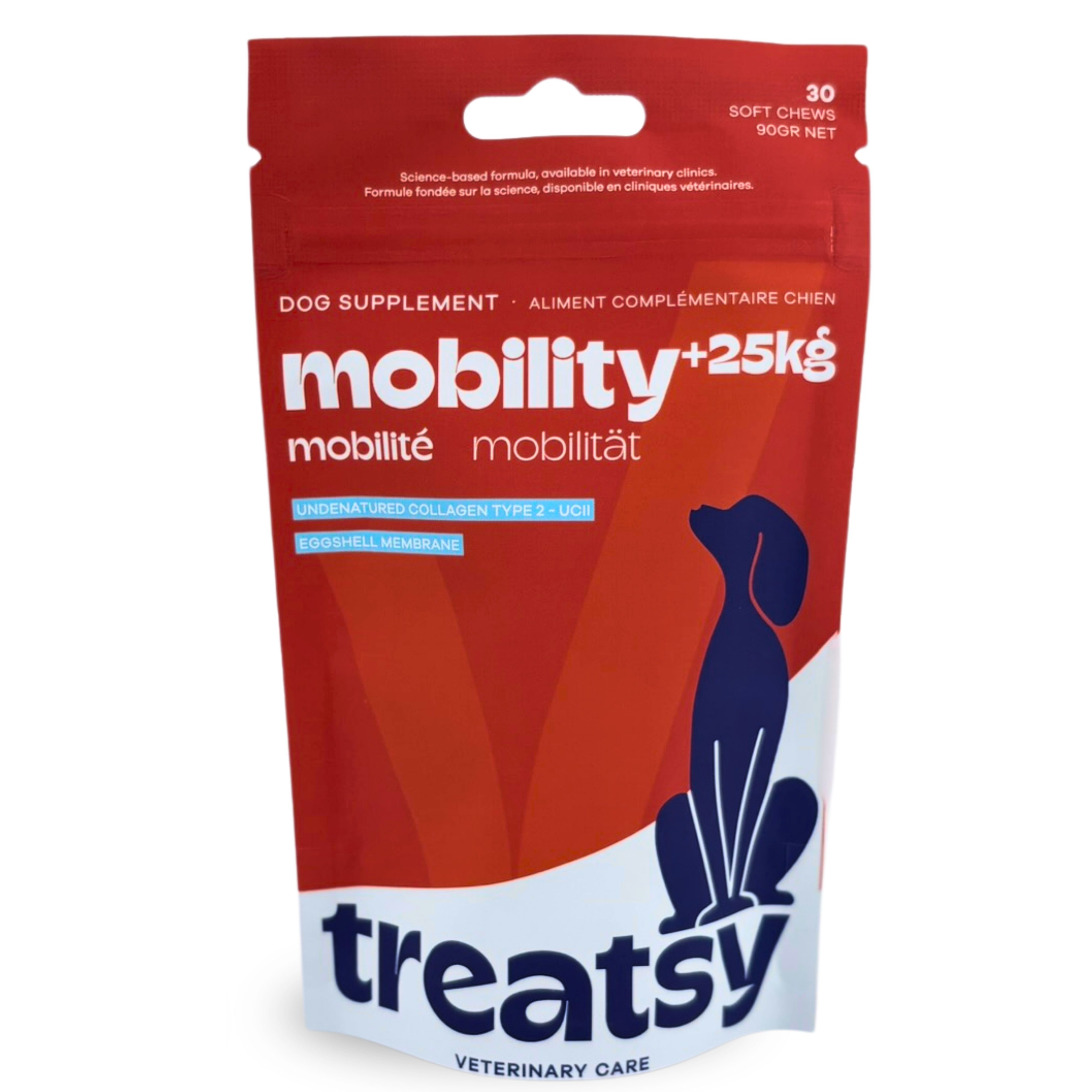 Ergänzungsfuttermittel für Hunde. Rote Verpackung mit Produktnamen und Hundesilhouette.