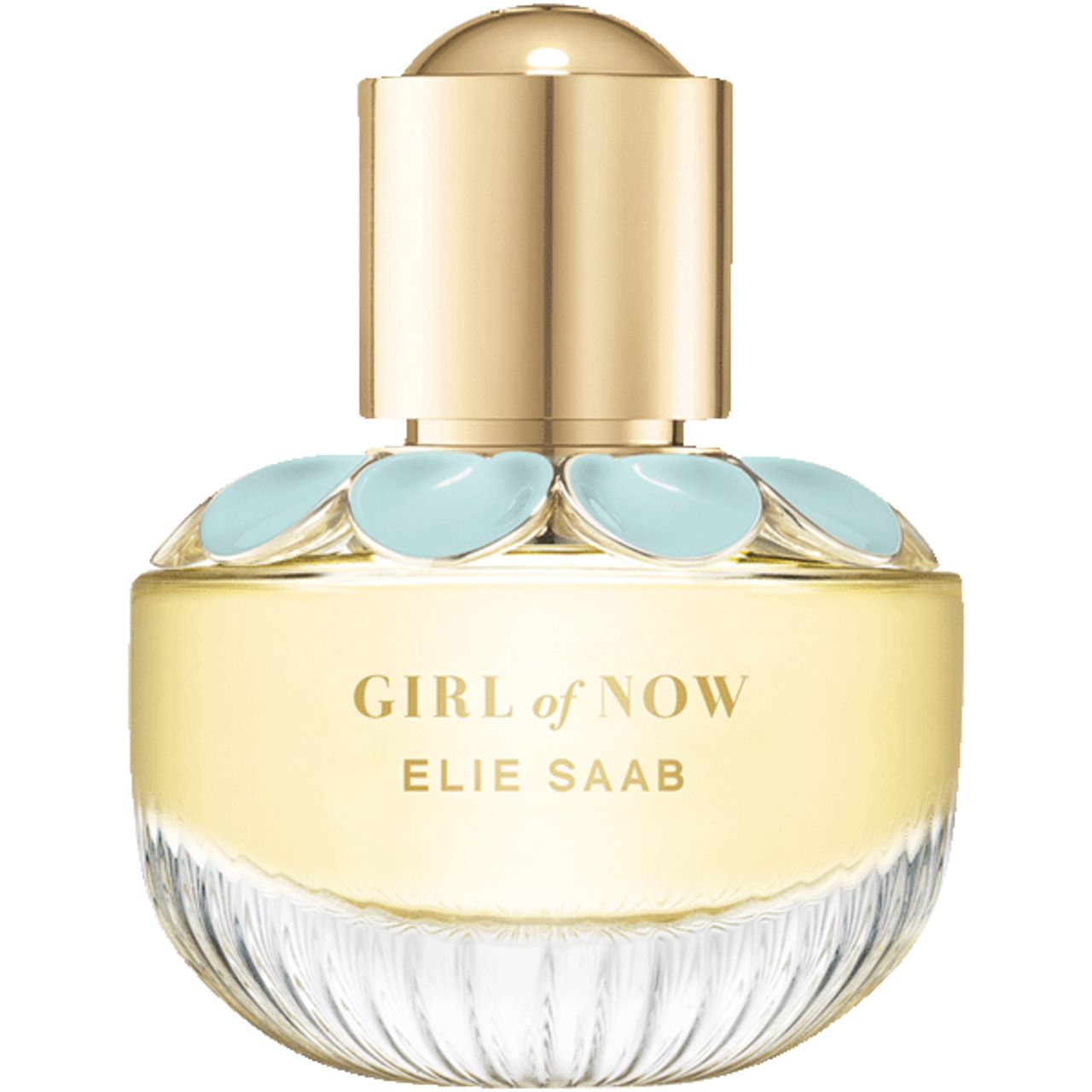 Goldene Kappe auf einem Glasflakon mit gelbem Parfüm. Hellblaue Blütenblätter zieren den Hals. Text: GIRL of NOW ELIE SAAB.