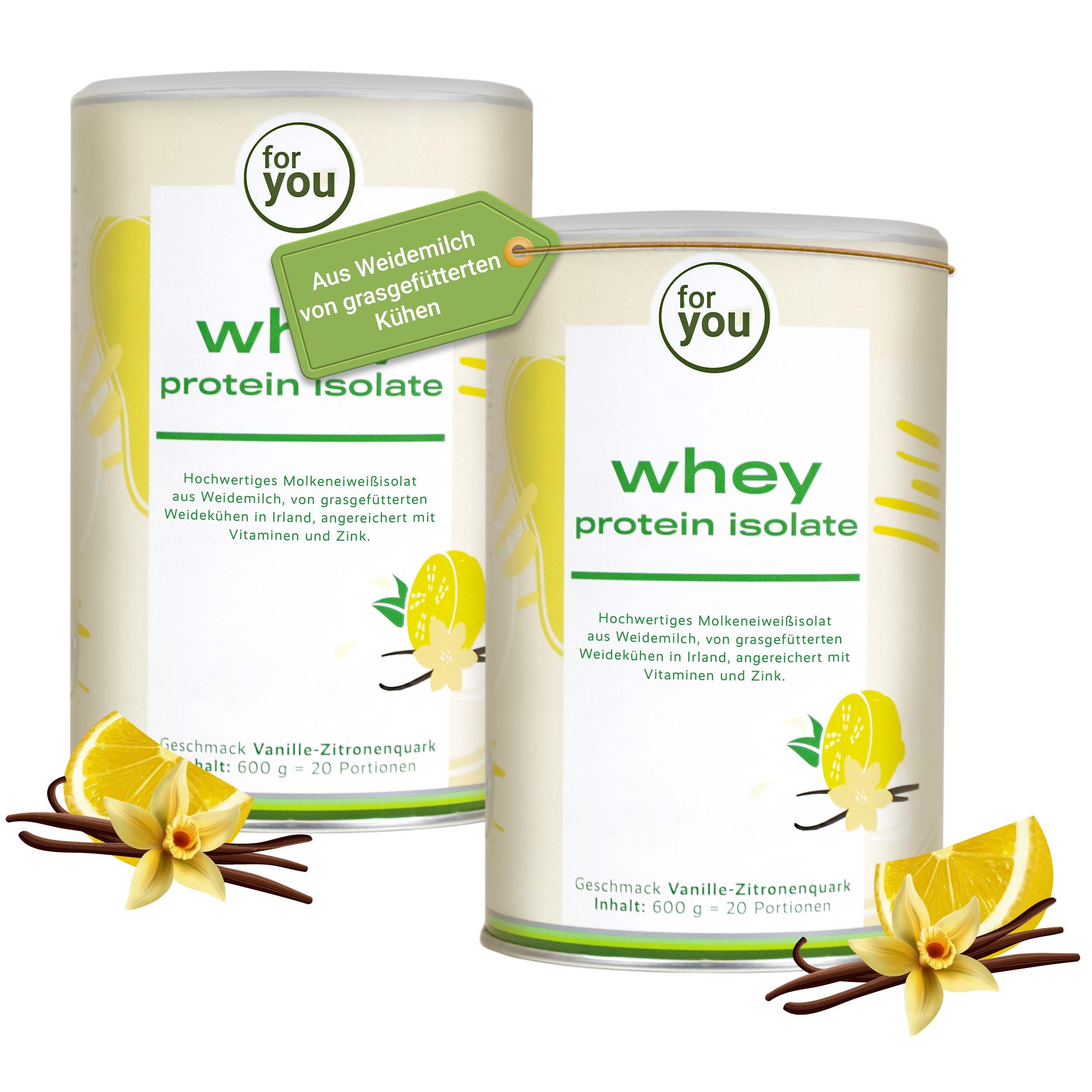 Zwei Dosen Whey Protein Isolate im Geschmack Vanille-Zitronenquark, dekoriert mit Zitrone und Vanille.
