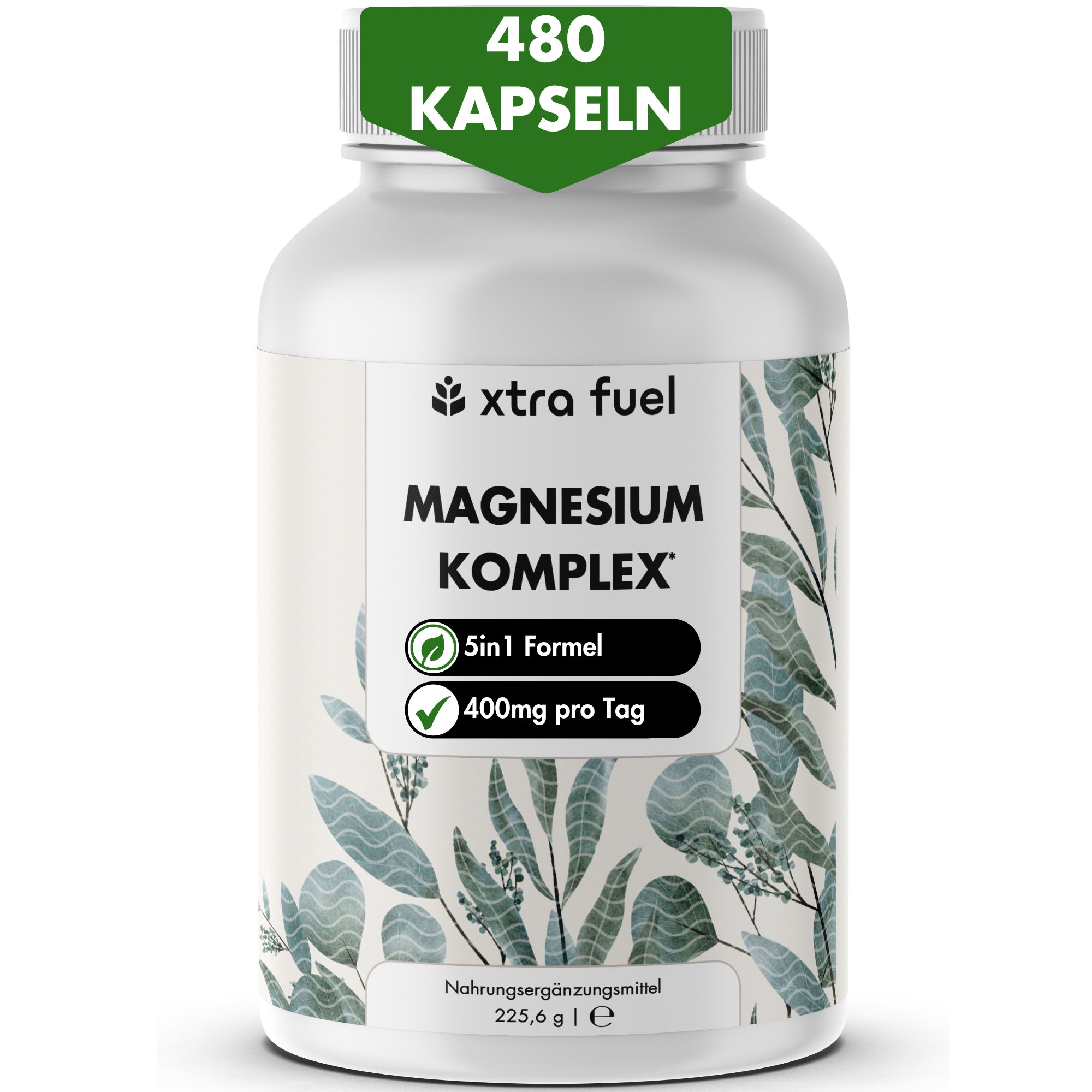 Weiße Flasche mit grünem Etikett. Text: Magnesium Komplex, 480 Kapseln. Grün-weißes Etikett mit Blättern.