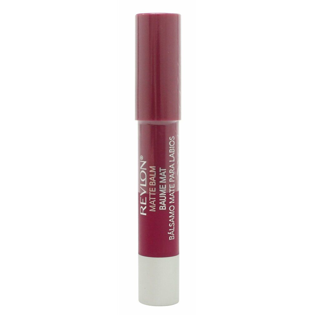 Revlon Matte Balm Lippenstift. Zylindrische Form, dunkelrosa. Weißer Boden. Text: Revlon, Matte Balm, Baume Mat, Balsamo Mate Para Labios.