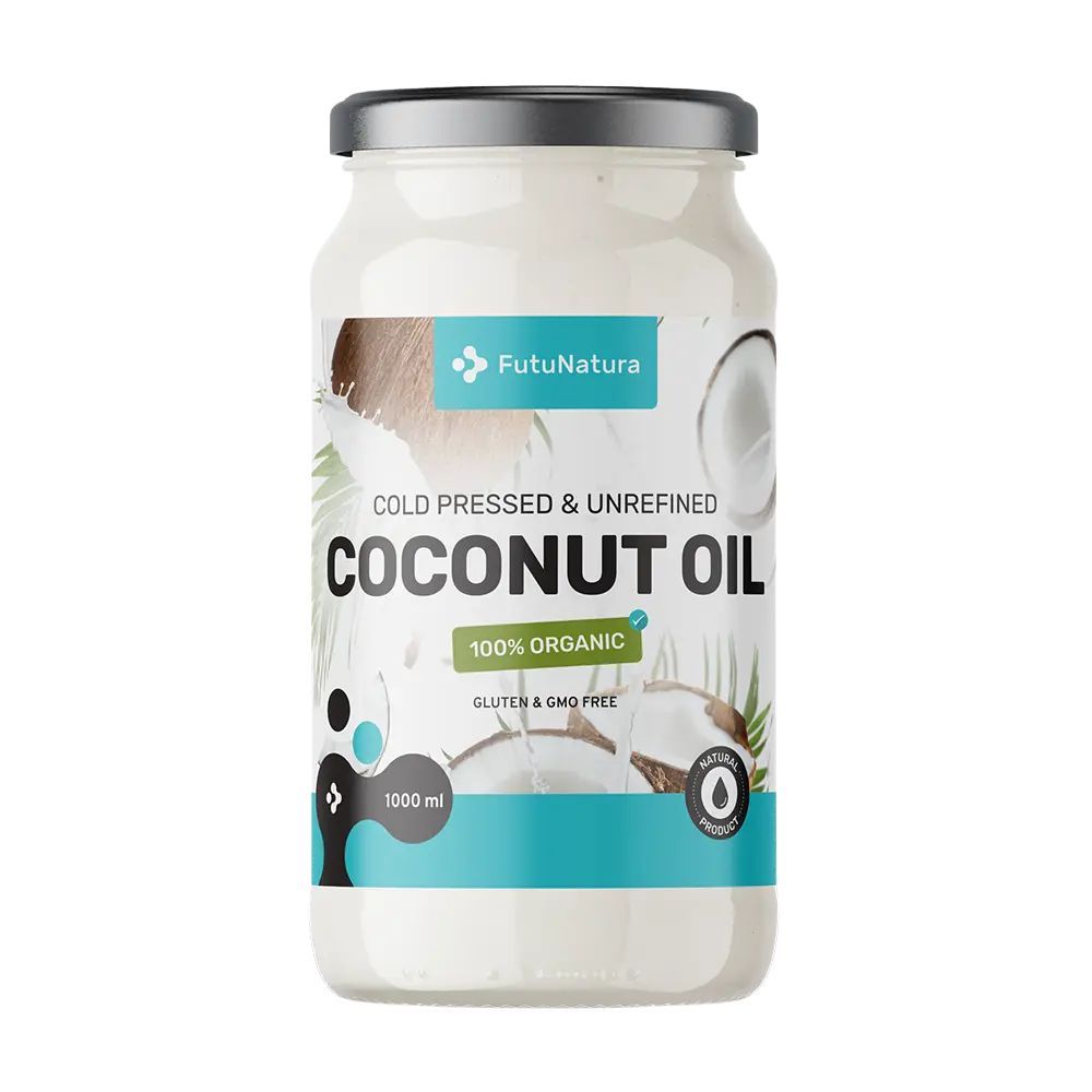 Glas mit FutuNatura BIO Kokosöl. Aufschrift: Cold Pressed & Unrefined Coconut Oil, 100% Organic. Türkis-weiße Etikettierung.