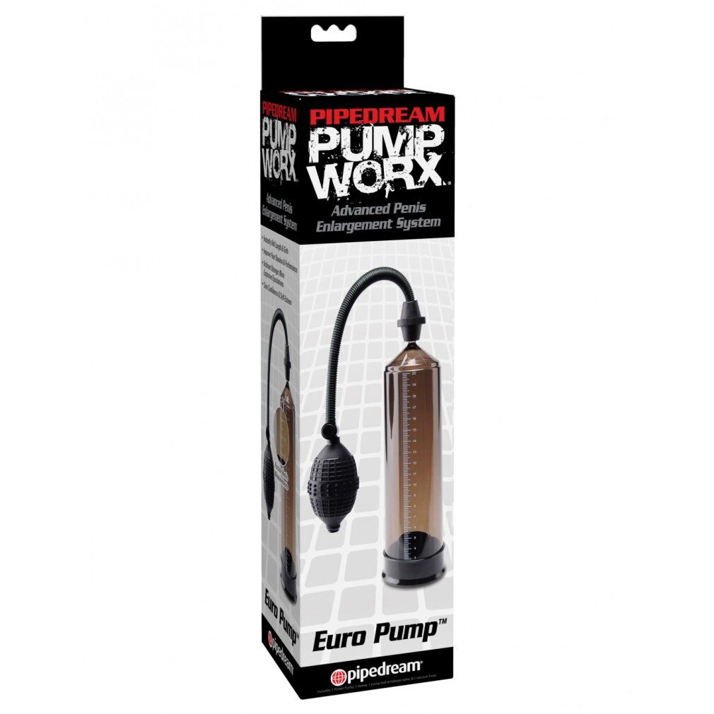 Penispumpen-Verpackung. Schwarzer Karton mit Produktbild, 'Euro Pump' und 'Pipedream' Schriftzug. Pumpball und Zylinder.
