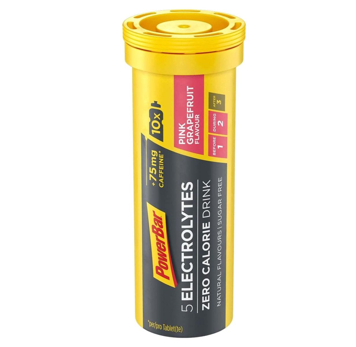 Gelbe Tube Powerbar 5 Electrolytes. Pink Grapefruit-Geschmack. Enthält 10 Tabletten. Mit +75mg Koffein. Schwarzer Hintergrund mit Produktinformationen.