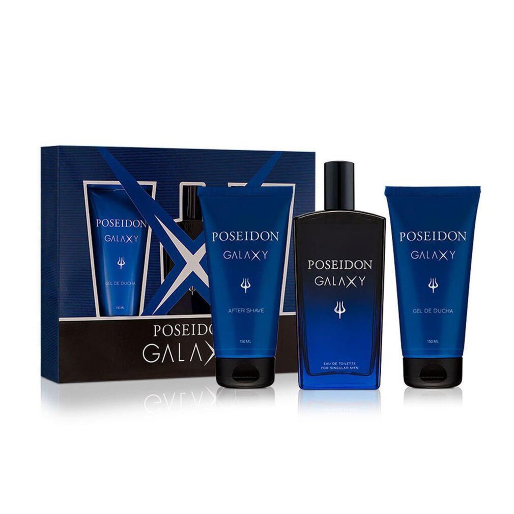 Geschenkset Poseidon Galaxy. Enthält After Shave, Duschgel und Eau de Toilette. Blaue Verpackung mit Produktnamen und Logo.