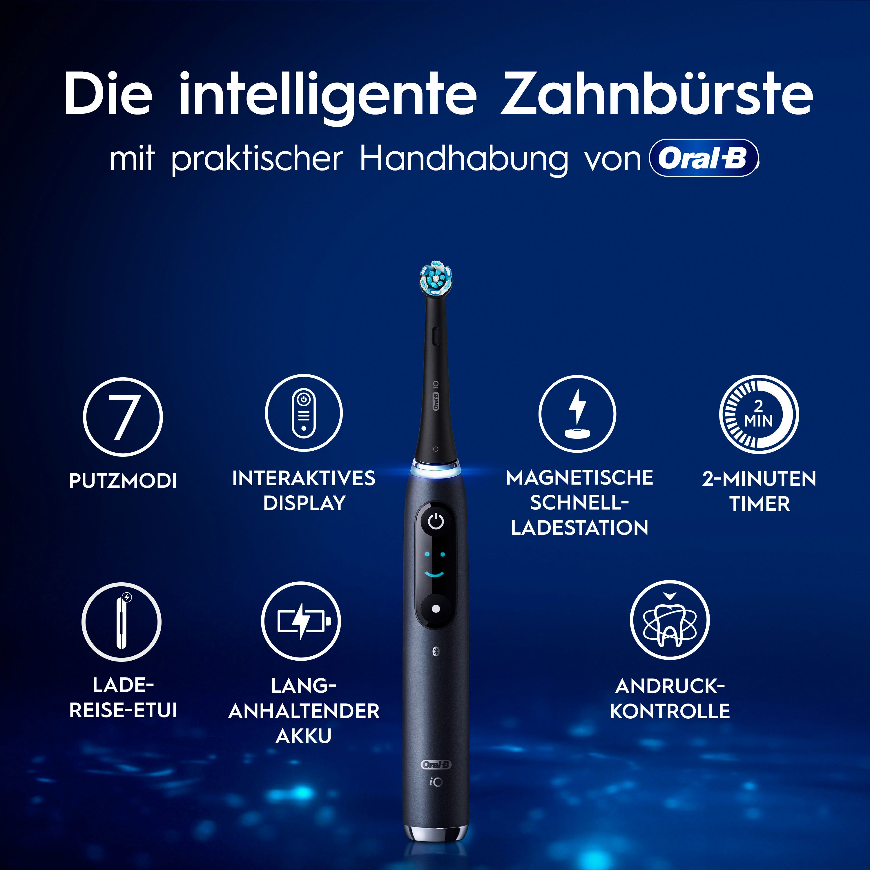 Elektrische Zahnbürste mit 7 Putzmodi, interaktivem Display, magnetischer Ladestation. Oral-B.
