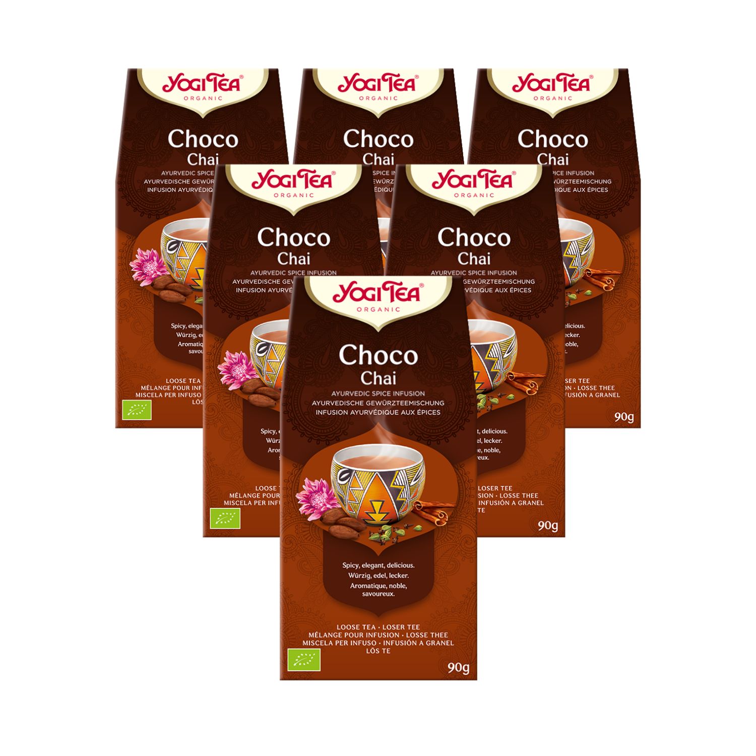 Mehrere braune Teebeutel mit der Aufschrift "Choco Chai" und "Yogi Tea". Bio-Siegel sichtbar. 90g.